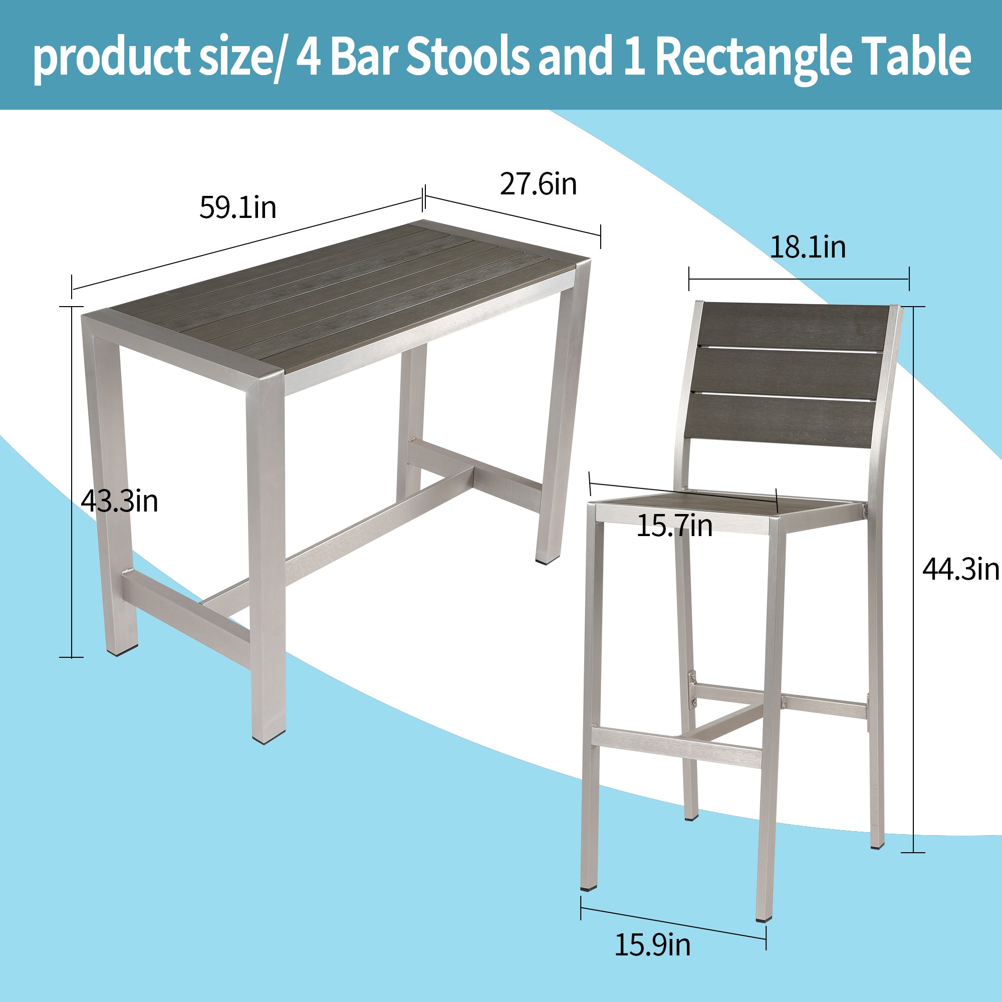 5-Piece Silver Aluminum Rectangle Bar Height Outdoor Serving Bar Set BOGAPD01GR