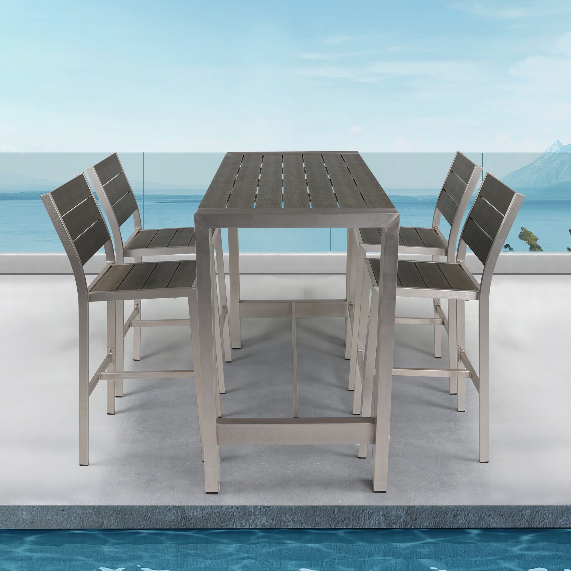 5-Piece Silver Aluminum Rectangle Bar Height Outdoor Serving Bar Set BOGAPD01GR