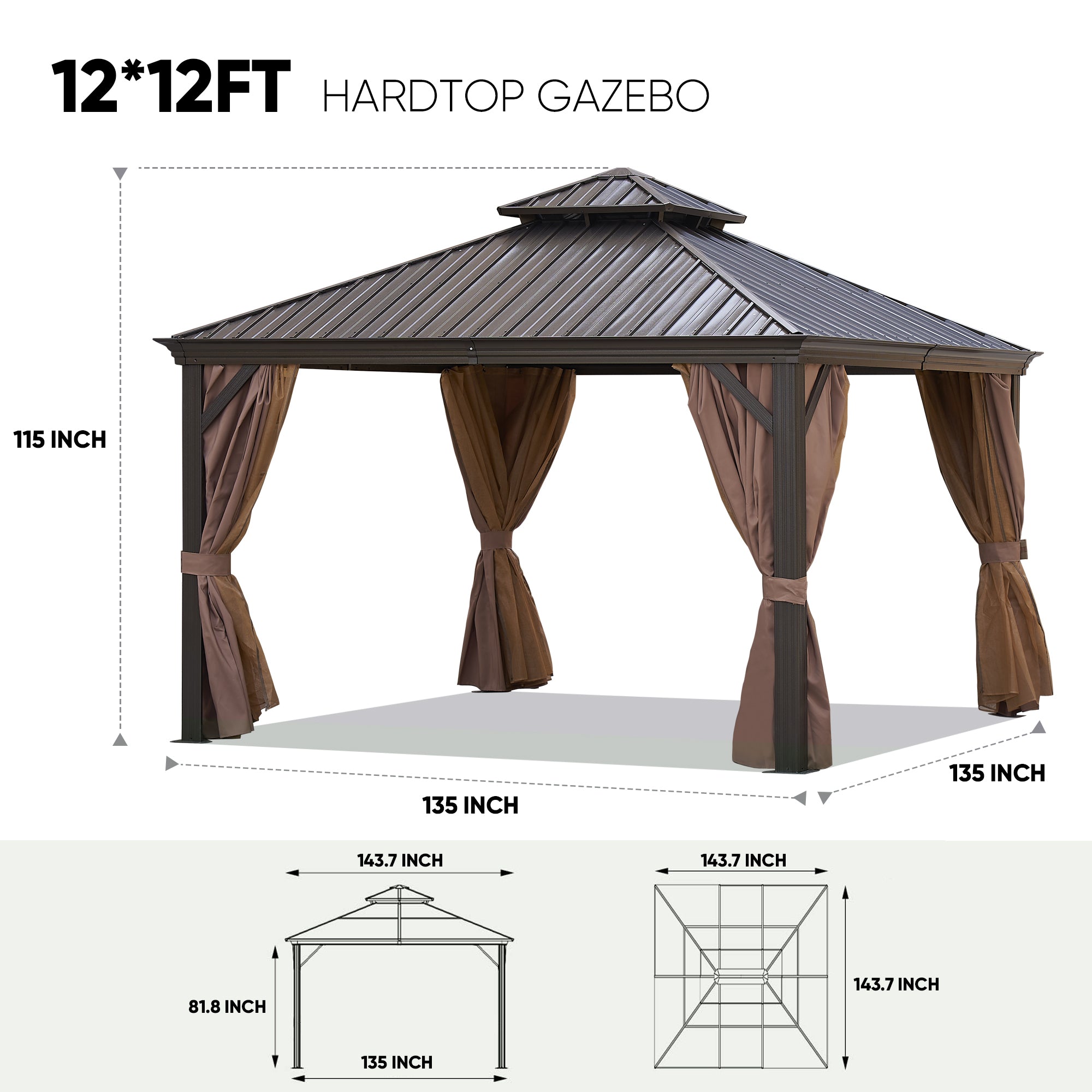 12 ft. x 12 ft. Bronze Aluminum Outdoor Hardtop Patio Gazebo with Steel Canopy, Netting and Curtains  BOGASCG01BZ