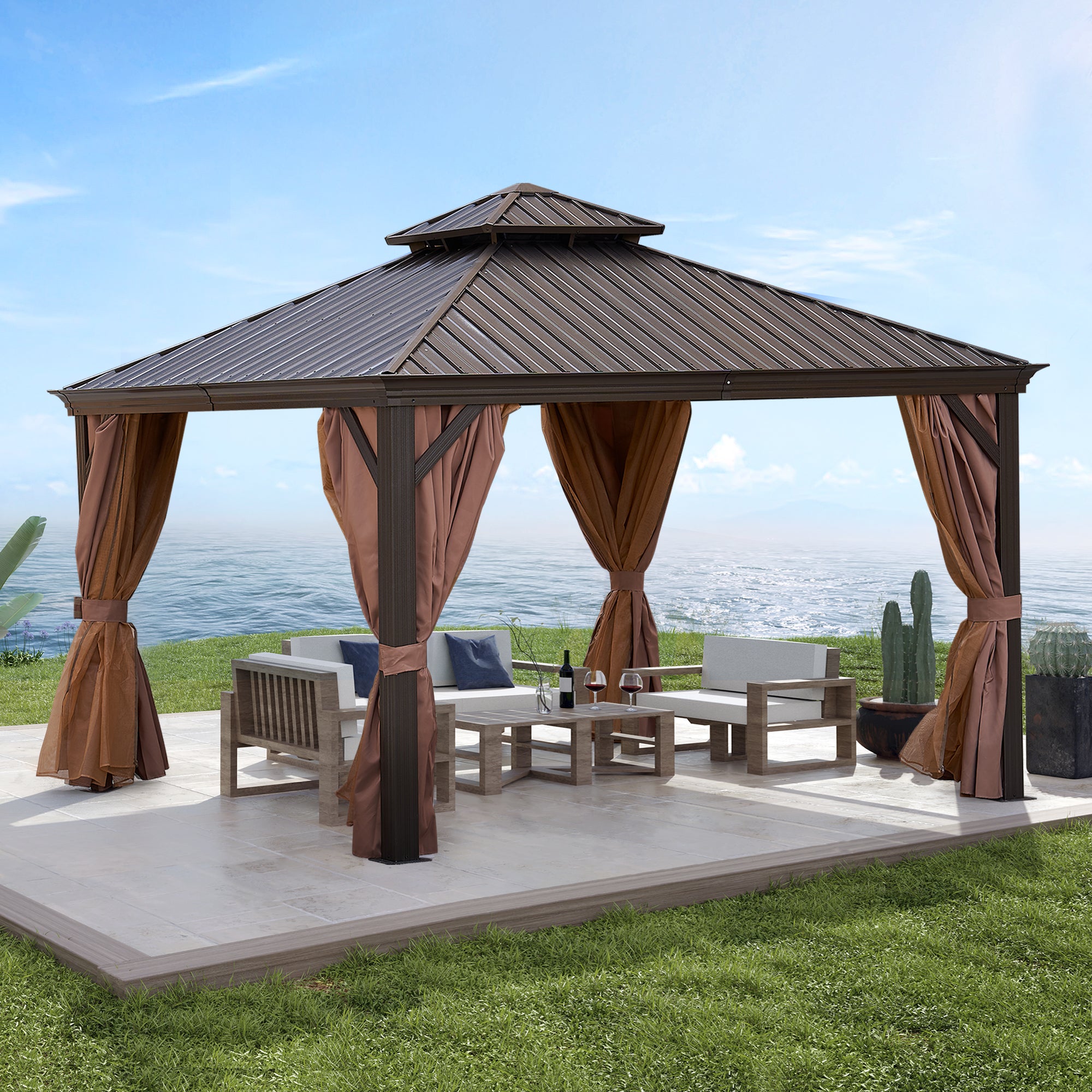 12 ft. x 12 ft. Bronze Aluminum Outdoor Hardtop Patio Gazebo with Steel Canopy, Netting and Curtains  BOGASCG01BZ