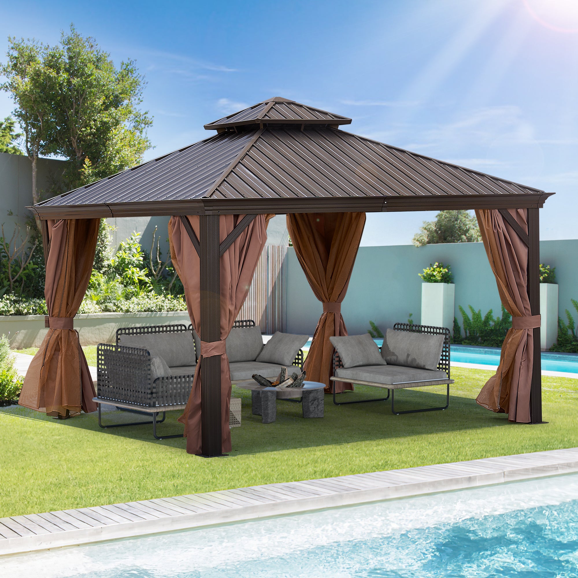 12 ft. x 12 ft. Bronze Aluminum Outdoor Hardtop Patio Gazebo with Steel Canopy, Netting and Curtains  BOGASCG01BZ