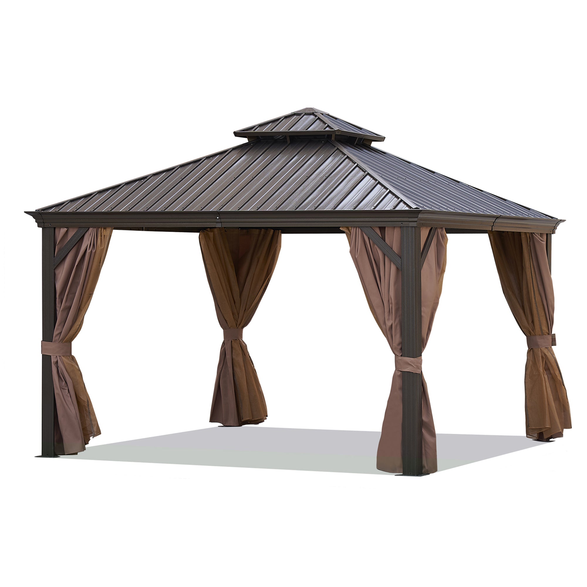 12 ft. x 12 ft. Bronze Aluminum Outdoor Hardtop Patio Gazebo with Steel Canopy, Netting and Curtains  BOGASCG01BZ