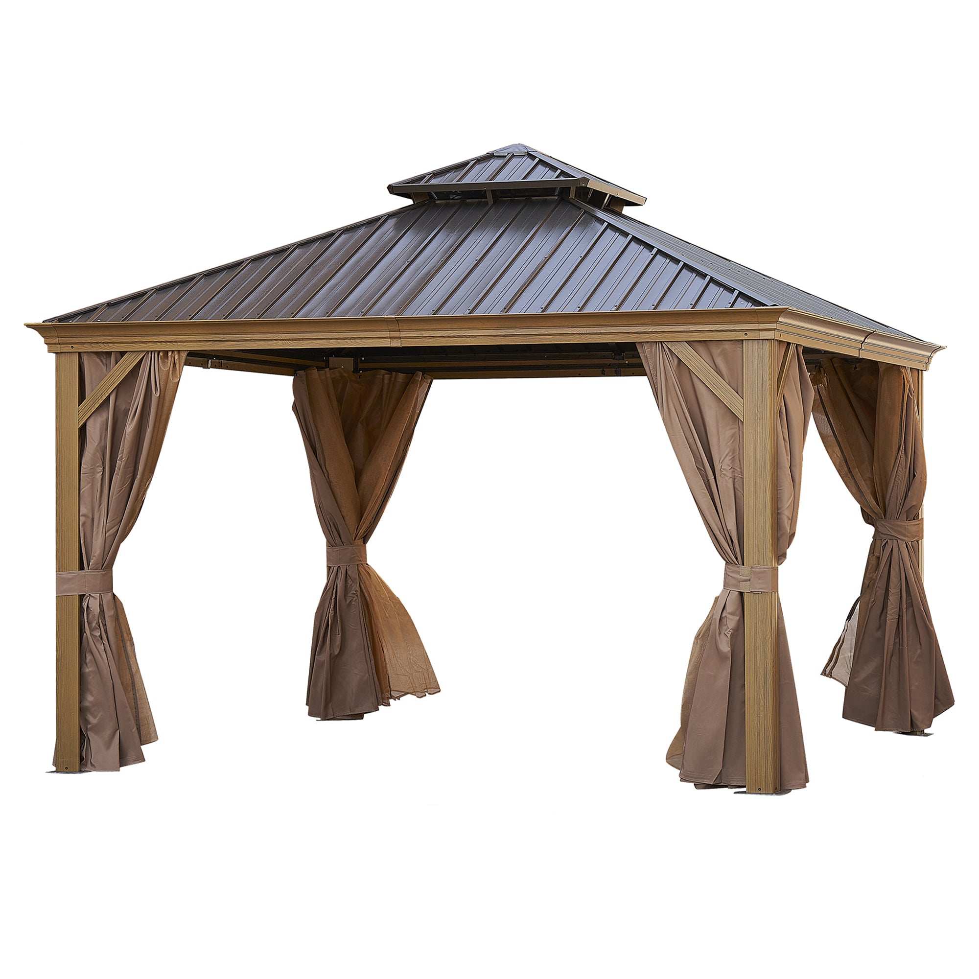 12 ft. x 12 ft. Bronze Outdoor Hardtop Patio Gazebo with Steel Canopy, Netting and Curtains   BOGASCG02BZ