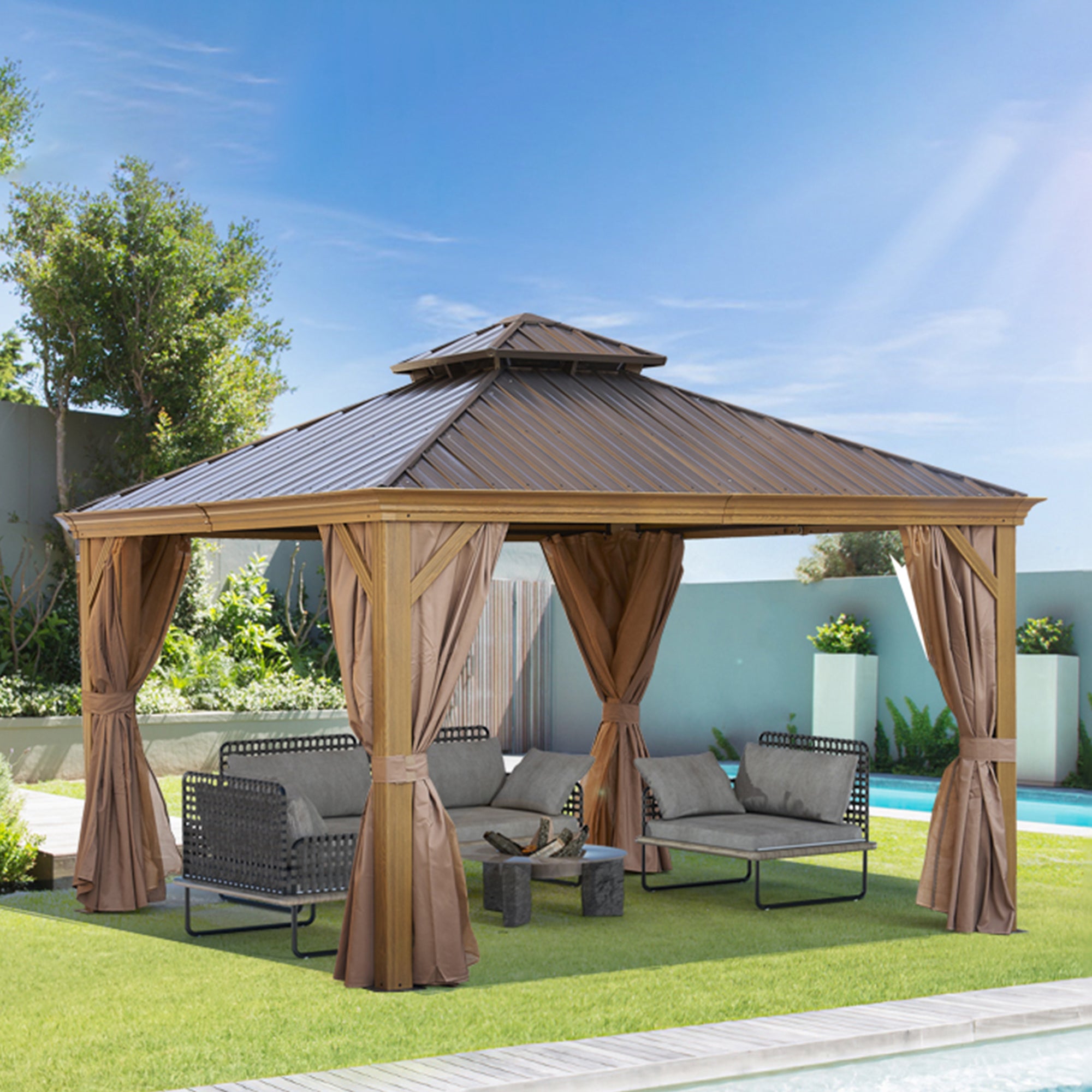 12 ft. x 12 ft. Bronze Outdoor Hardtop Patio Gazebo with Steel Canopy, Netting and Curtains   BOGASCG02BZ