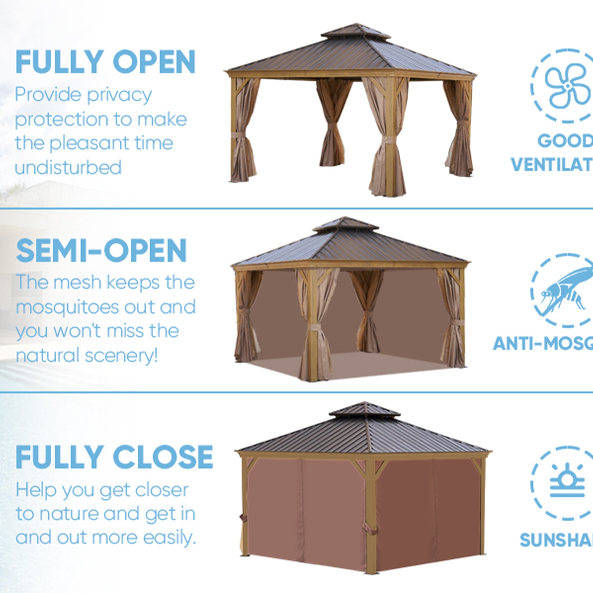 12 ft. x 12 ft. Bronze Outdoor Hardtop Patio Gazebo with Steel Canopy, Netting and Curtains   BOGASCG02BZ