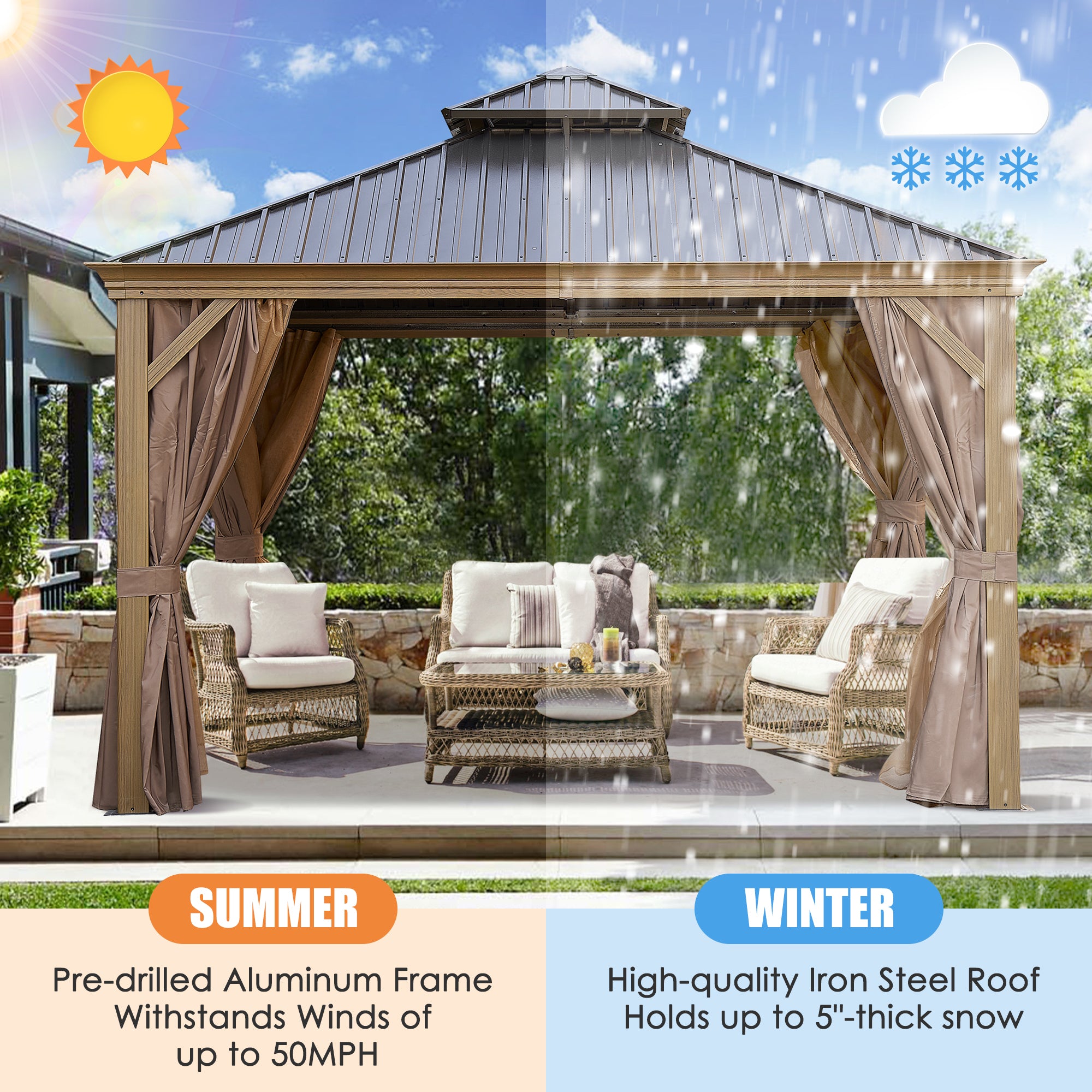 12 ft. x 12 ft. Bronze Outdoor Hardtop Patio Gazebo with Steel Canopy, Netting and Curtains   BOGASCG02BZ