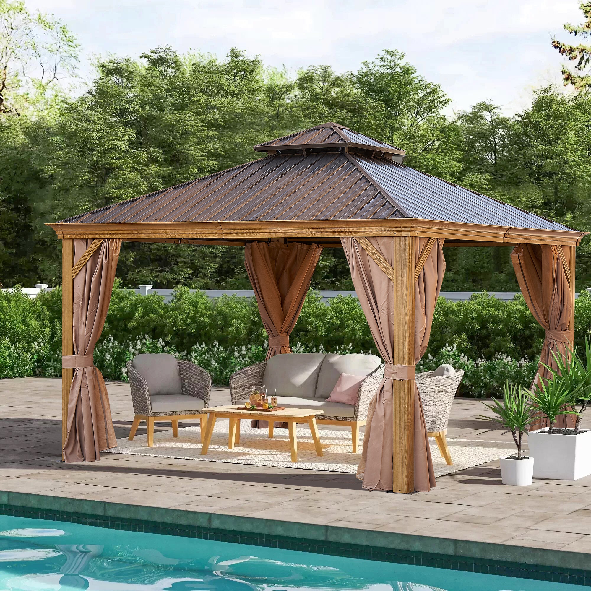 12 ft. x 12 ft. Bronze Outdoor Hardtop Patio Gazebo with Steel Canopy, Netting and Curtains   BOGASCG02BZ