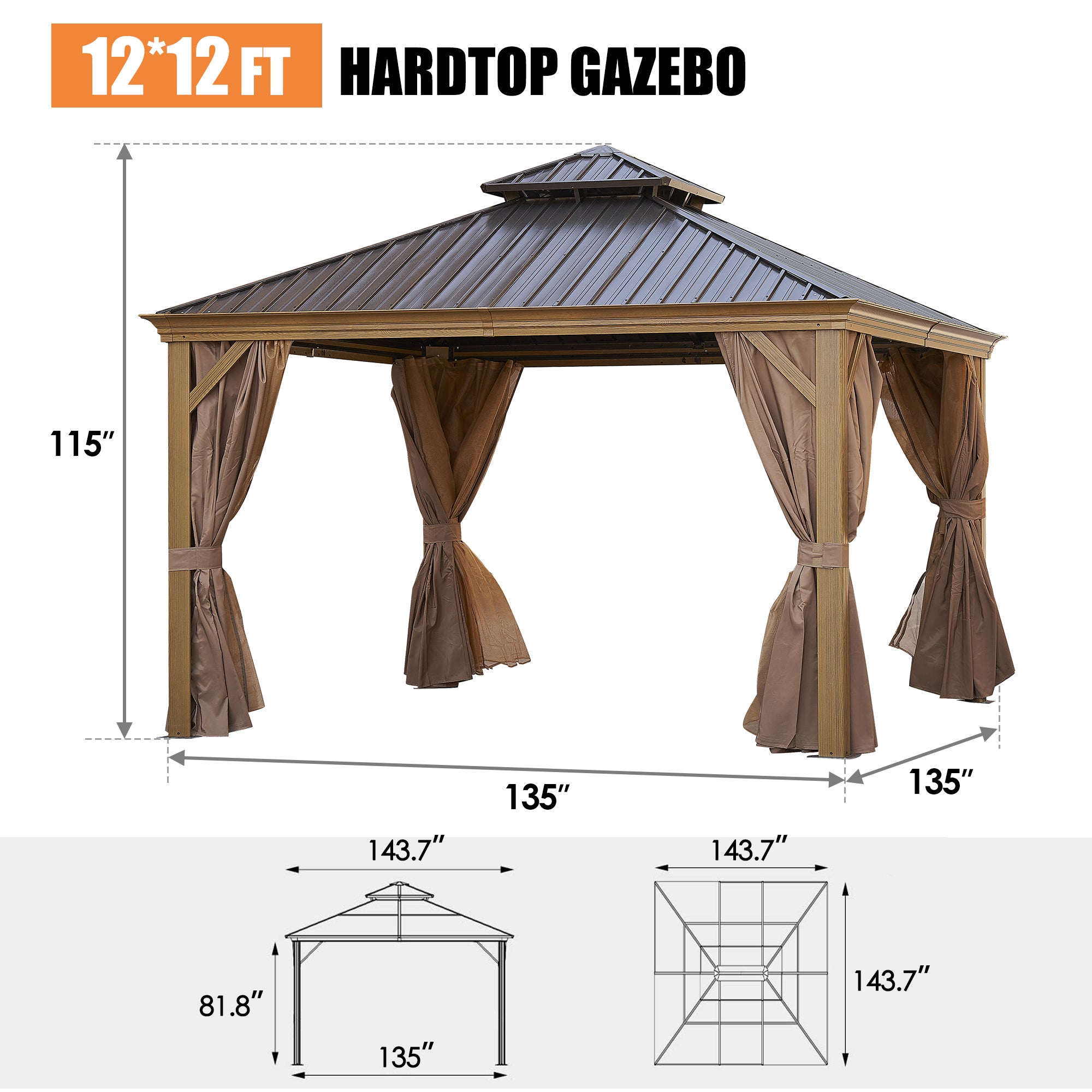 12 ft. x 12 ft. Bronze Outdoor Hardtop Patio Gazebo with Steel Canopy, Netting and Curtains   BOGASCG02BZ