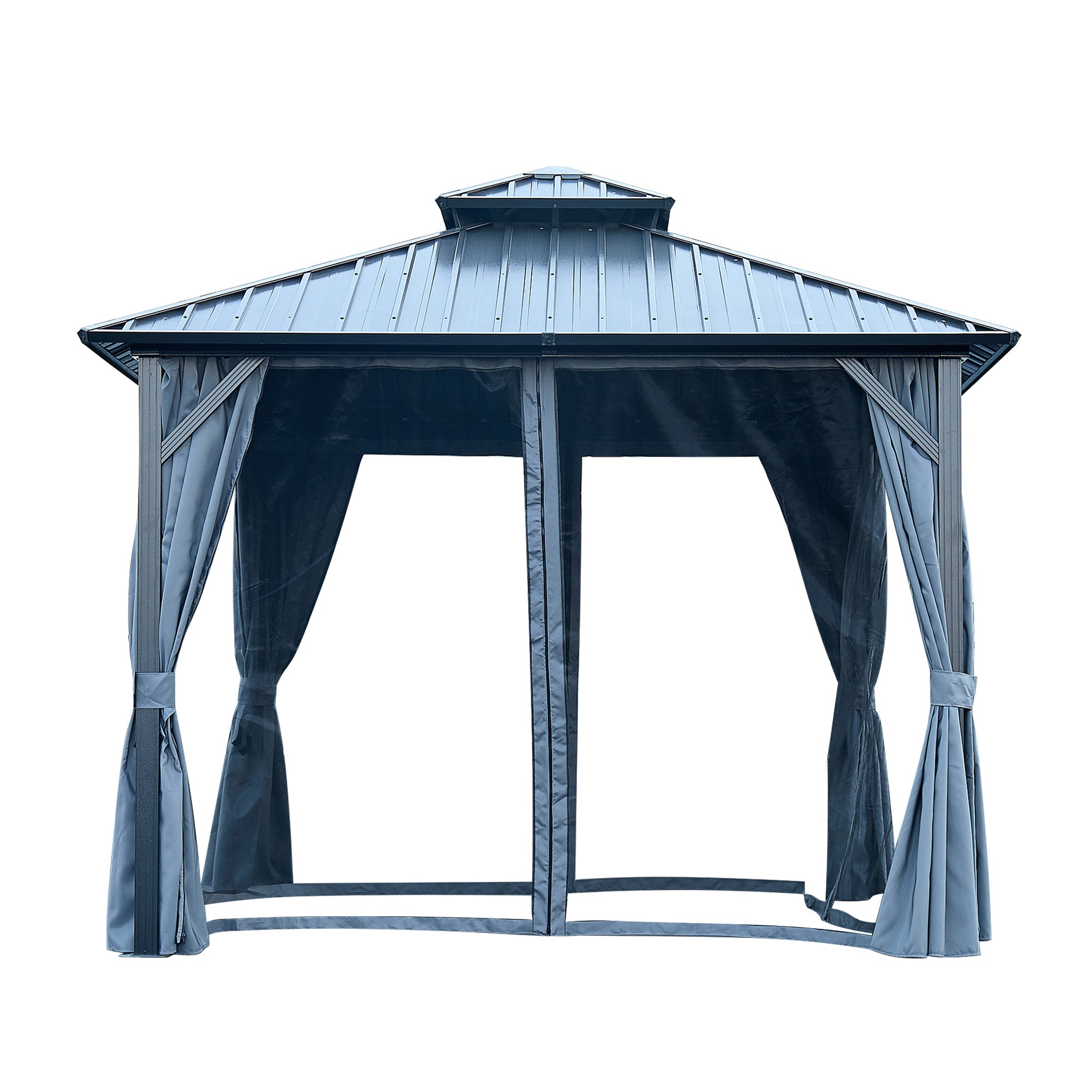 10 ft. x 10 ft. Gray Aluminum Outdoor Hardtop Patio Gazebo with Steel Canopy, Netting and Curtains    BOGASCG03GR