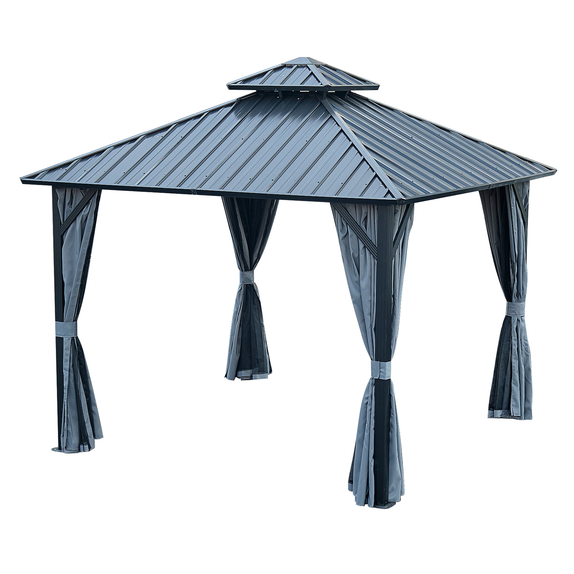 10 ft. x 10 ft. Gray Aluminum Outdoor Hardtop Patio Gazebo with Steel Canopy, Netting and Curtains    BOGASCG03GR