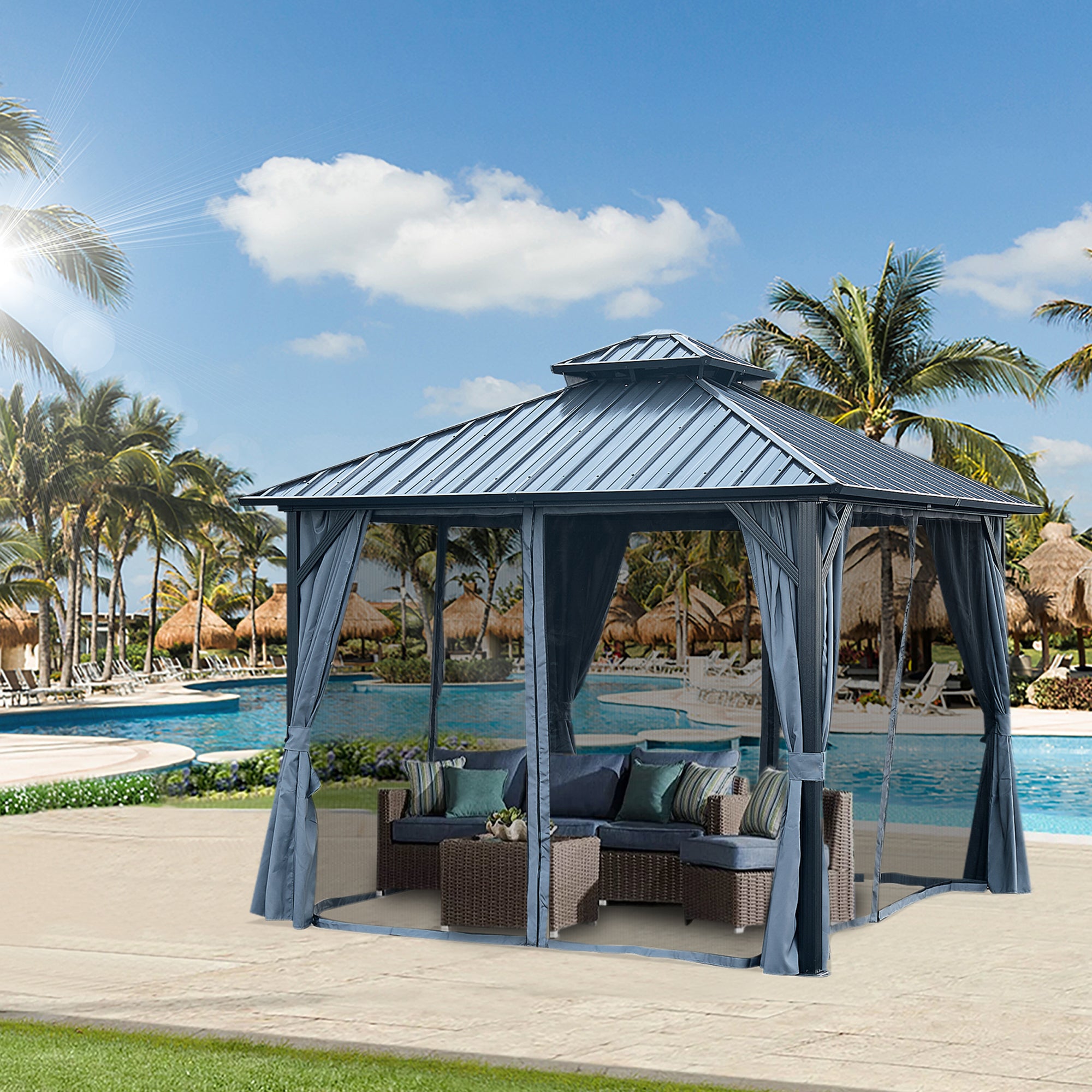 10 ft. x 10 ft. Gray Aluminum Outdoor Hardtop Patio Gazebo with Steel Canopy, Netting and Curtains    BOGASCG03GR