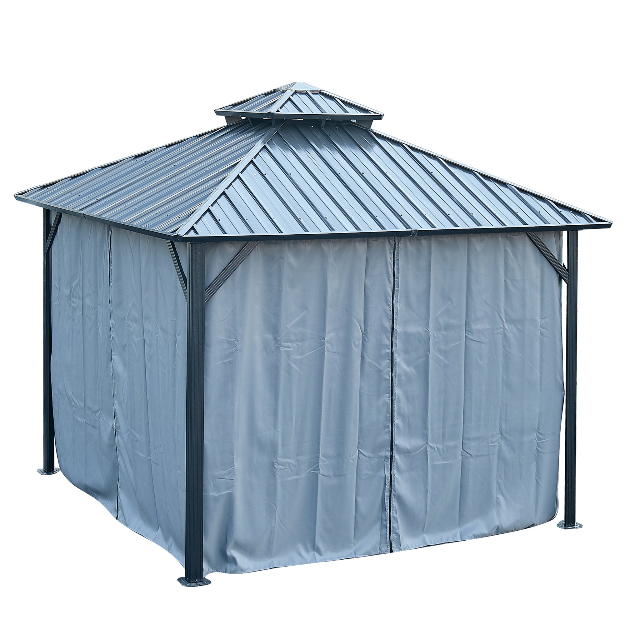 10 ft. x 10 ft. Gray Aluminum Outdoor Hardtop Patio Gazebo with Steel Canopy, Netting and Curtains    BOGASCG03GR