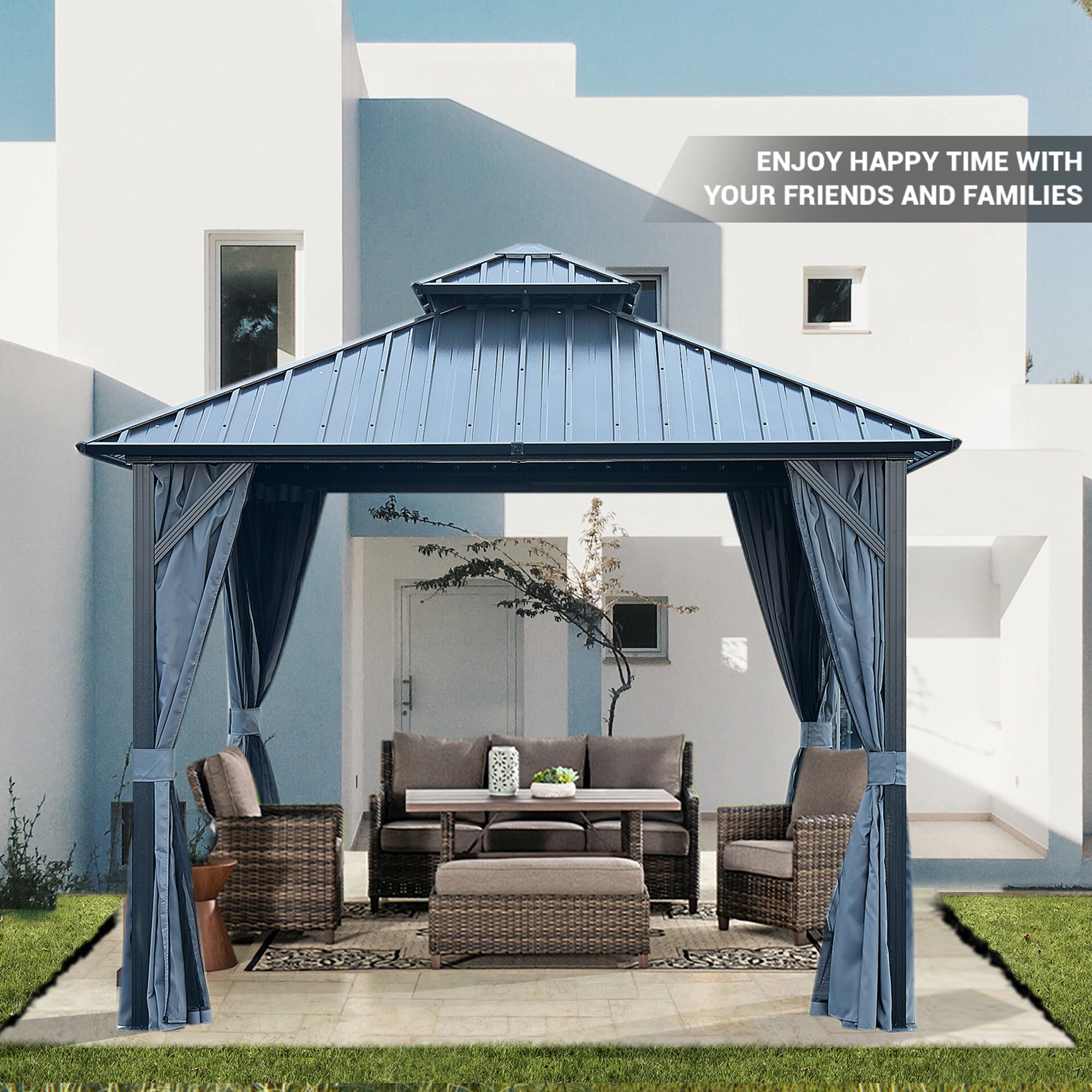 10 ft. x 10 ft. Gray Aluminum Outdoor Hardtop Patio Gazebo with Steel Canopy, Netting and Curtains    BOGASCG03GR