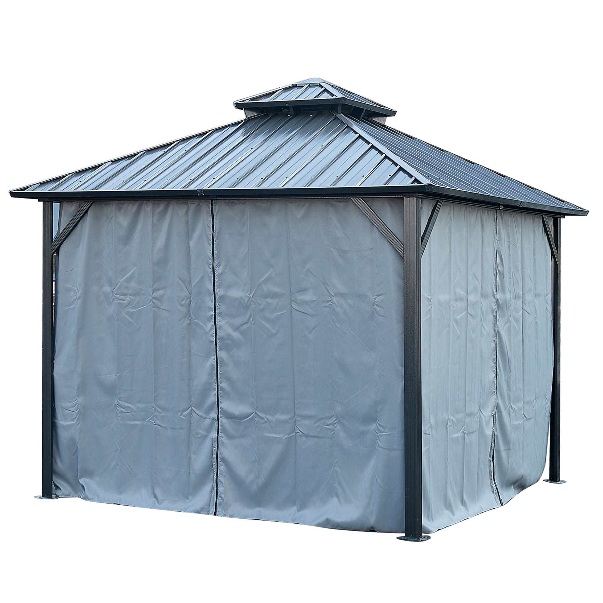 10 ft. x 10 ft. Gray Aluminum Outdoor Hardtop Patio Gazebo with Steel Canopy, Netting and Curtains    BOGASCG03GR