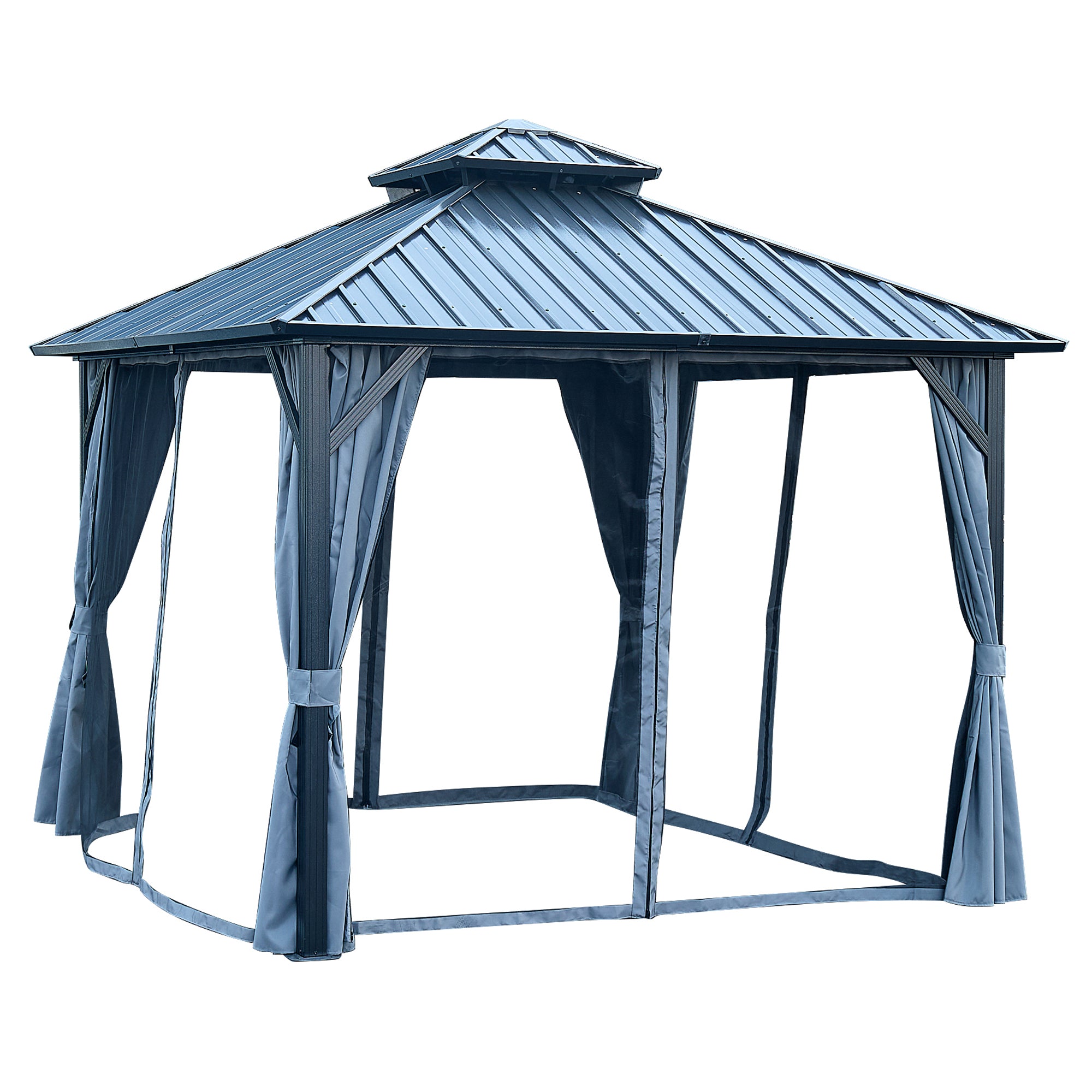 10 ft. x 10 ft. Gray Aluminum Outdoor Hardtop Patio Gazebo with Steel Canopy, Netting and Curtains    BOGASCG03GR