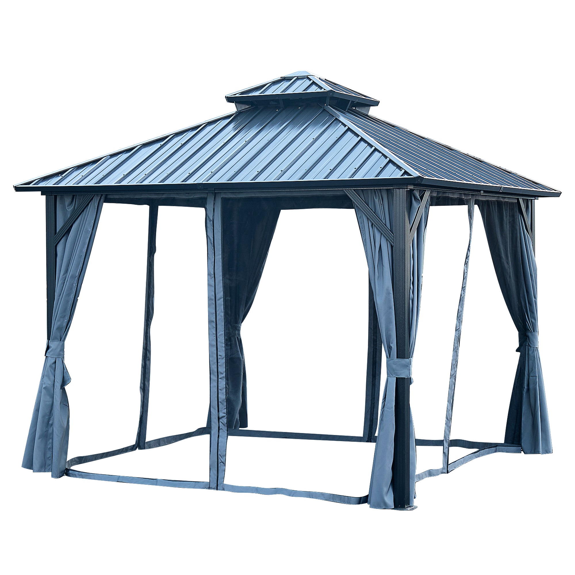 10 ft. x 10 ft. Gray Aluminum Outdoor Hardtop Patio Gazebo with Steel Canopy, Netting and Curtains    BOGASCG03GR