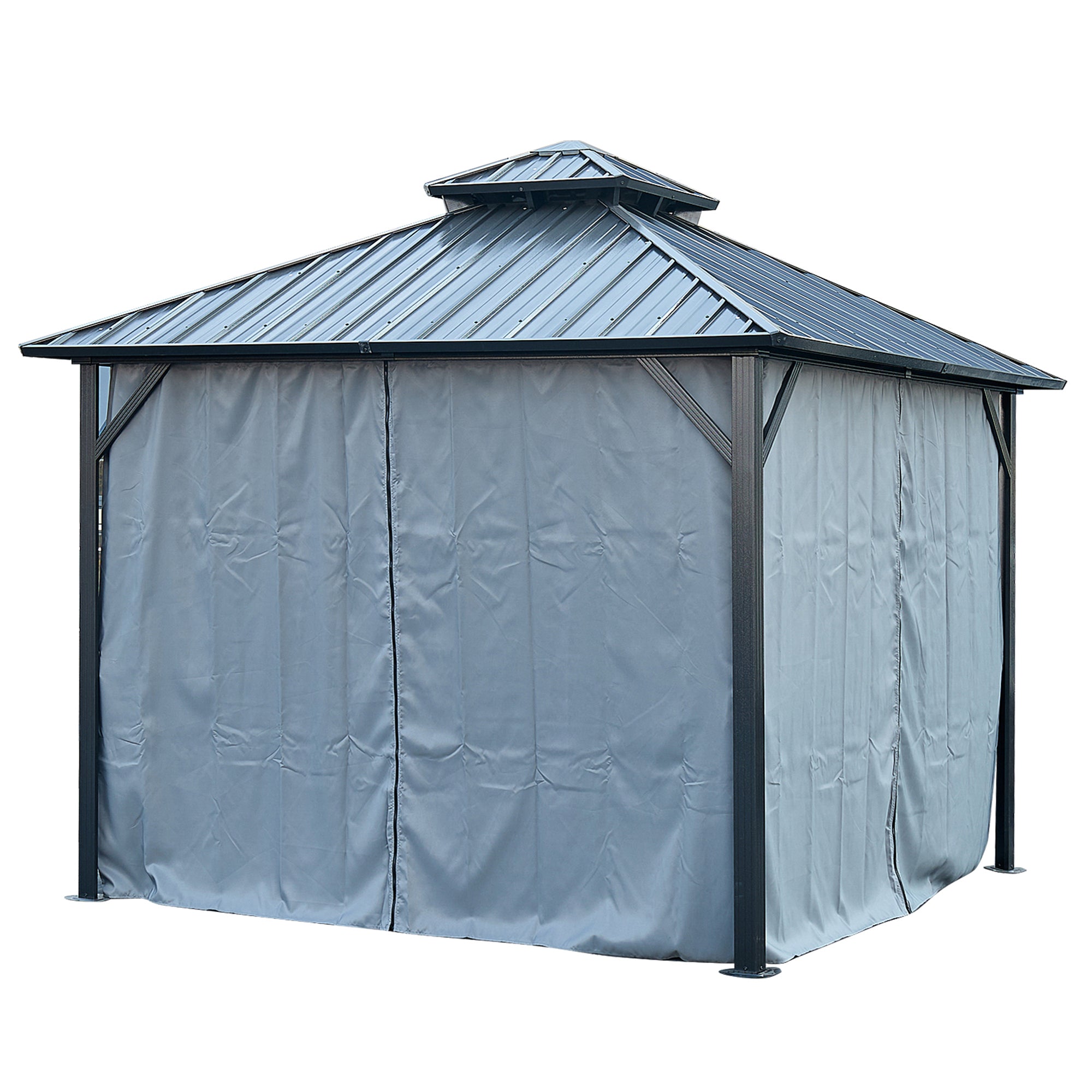 12 ft. x 12 ft. Grey Double Roof Canopy Outdoor Hardtop Patio Gazebo with Netting and Curtains  BOGASCG04GR