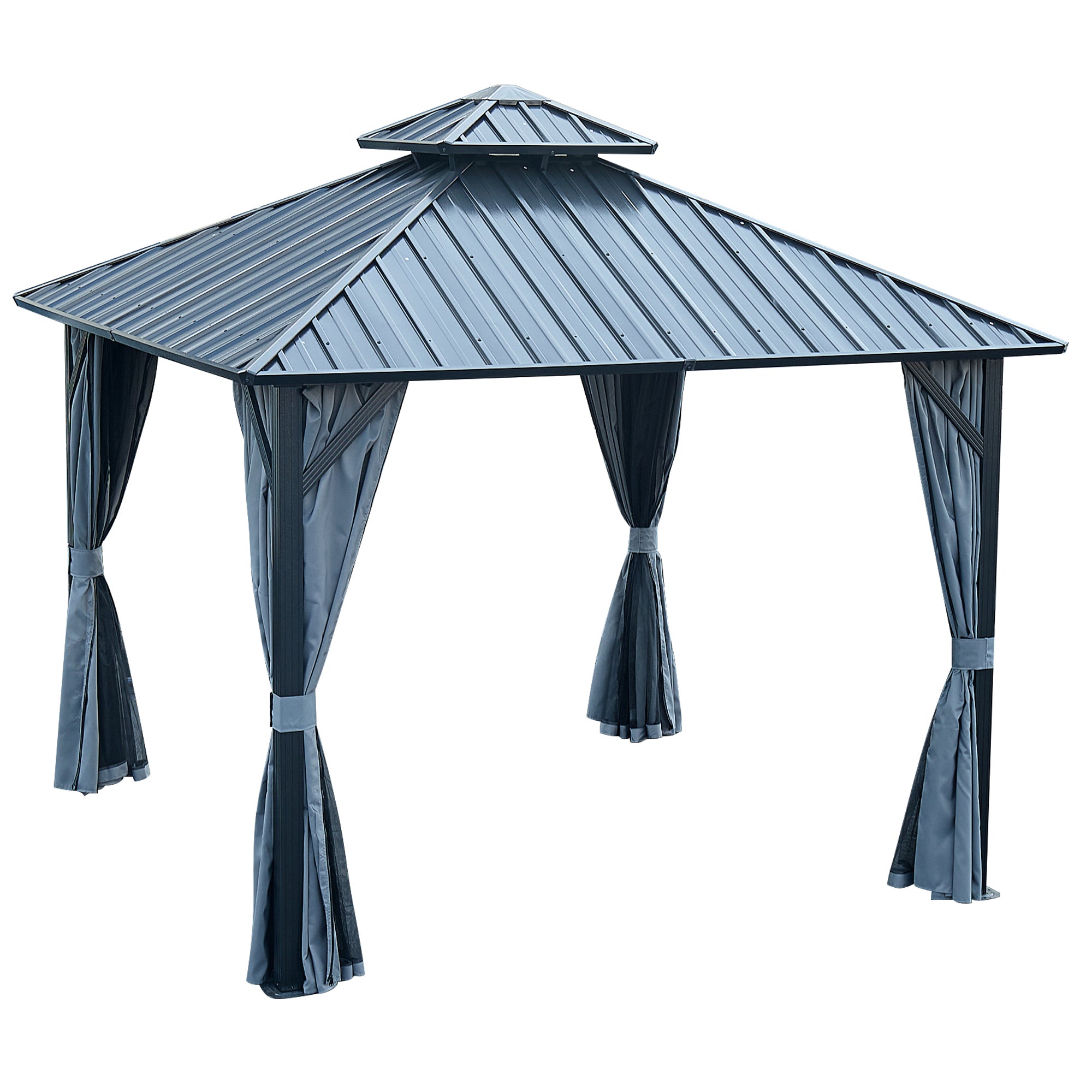 12 ft. x 12 ft. Grey Double Roof Canopy Outdoor Hardtop Patio Gazebo with Netting and Curtains  BOGASCG04GR