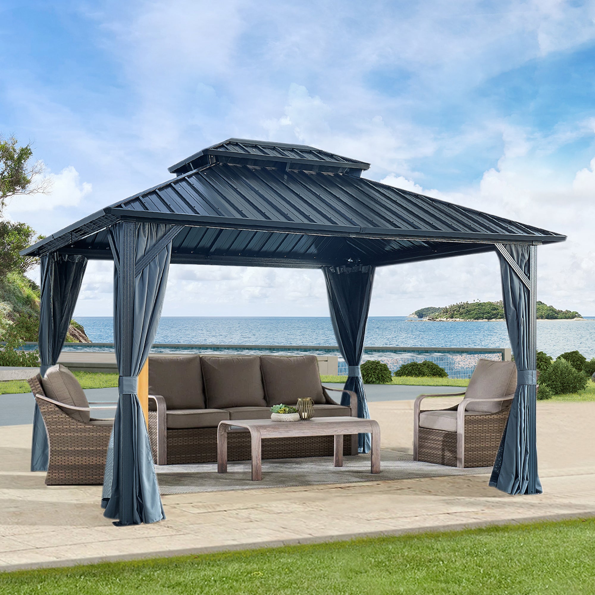 12 ft. x 12 ft. Grey Double Roof Canopy Outdoor Hardtop Patio Gazebo with Netting and Curtains  BOGASCG04GR