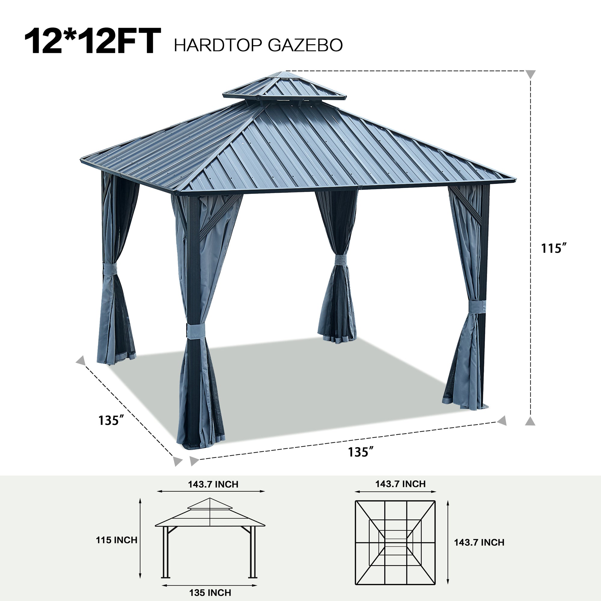 12 ft. x 12 ft. Grey Double Roof Canopy Outdoor Hardtop Patio Gazebo with Netting and Curtains  BOGASCG04GR