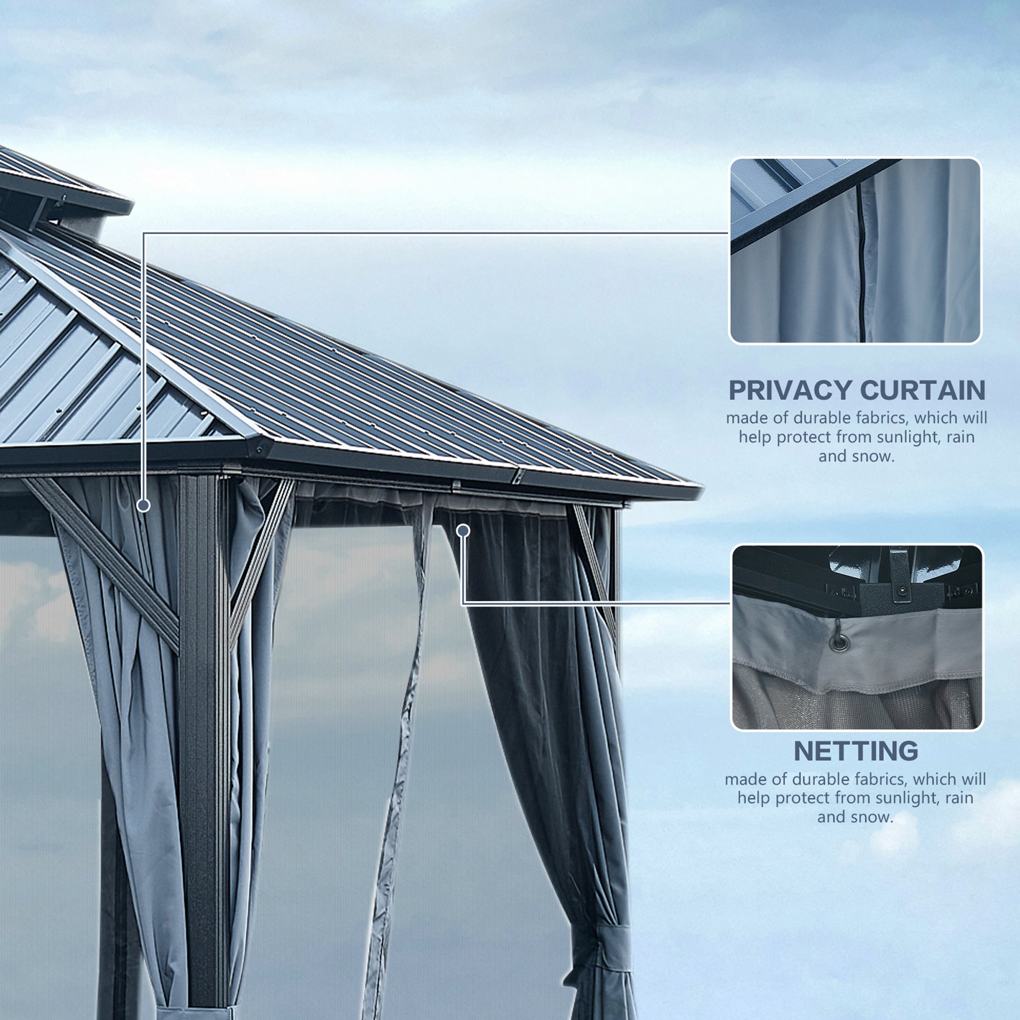 12 ft. x 12 ft. Grey Double Roof Canopy Outdoor Hardtop Patio Gazebo with Netting and Curtains  BOGASCG04GR