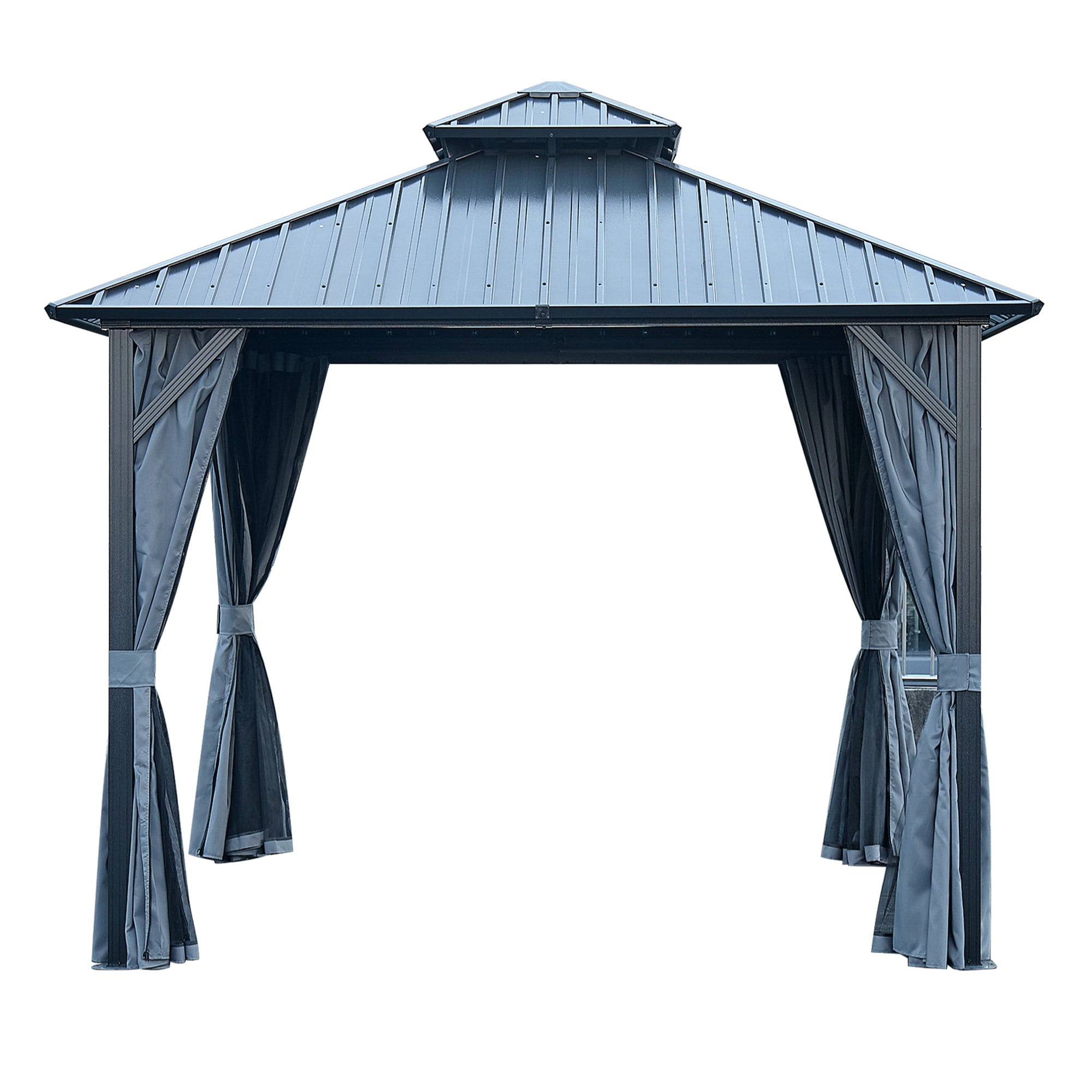 12 ft. x 12 ft. Grey Double Roof Canopy Outdoor Hardtop Patio Gazebo with Netting and Curtains  BOGASCG04GR