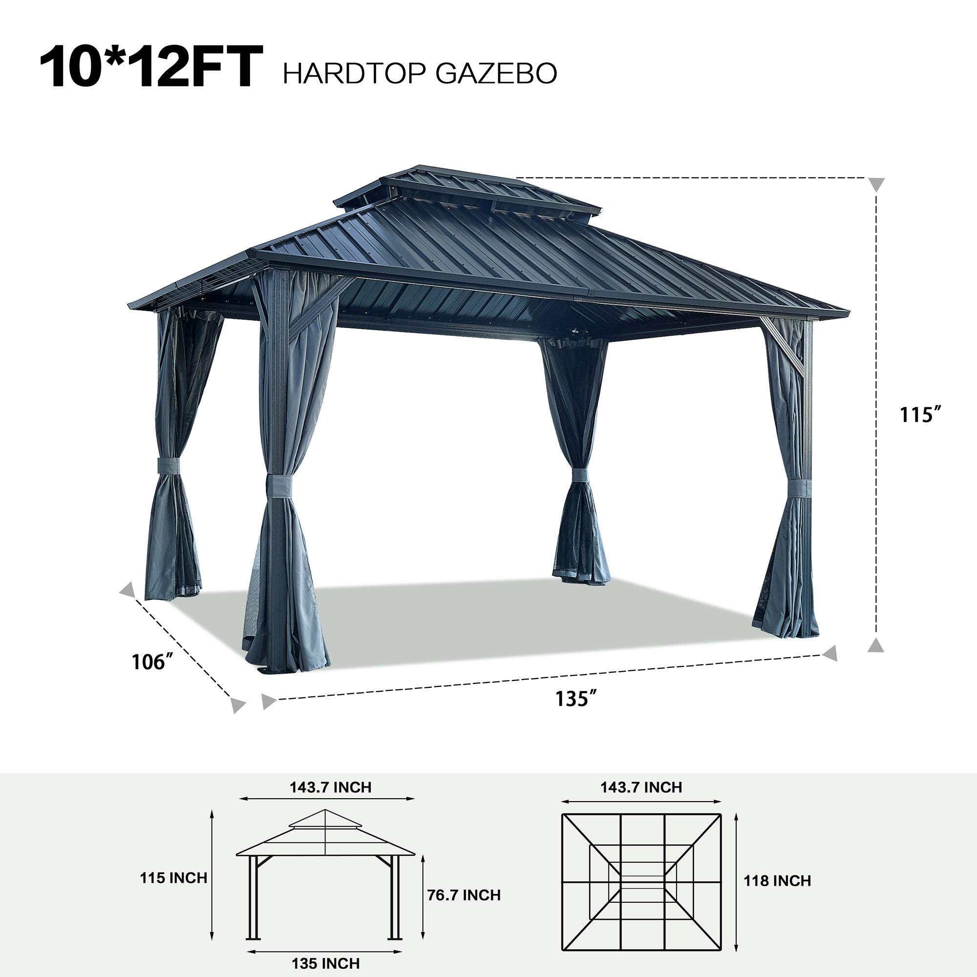 10 ft. x 12 ft. Grey Double Roof Canopy Outdoor Hardtop Patio Gazebo with Netting and Curtains  BOGASCG05GR