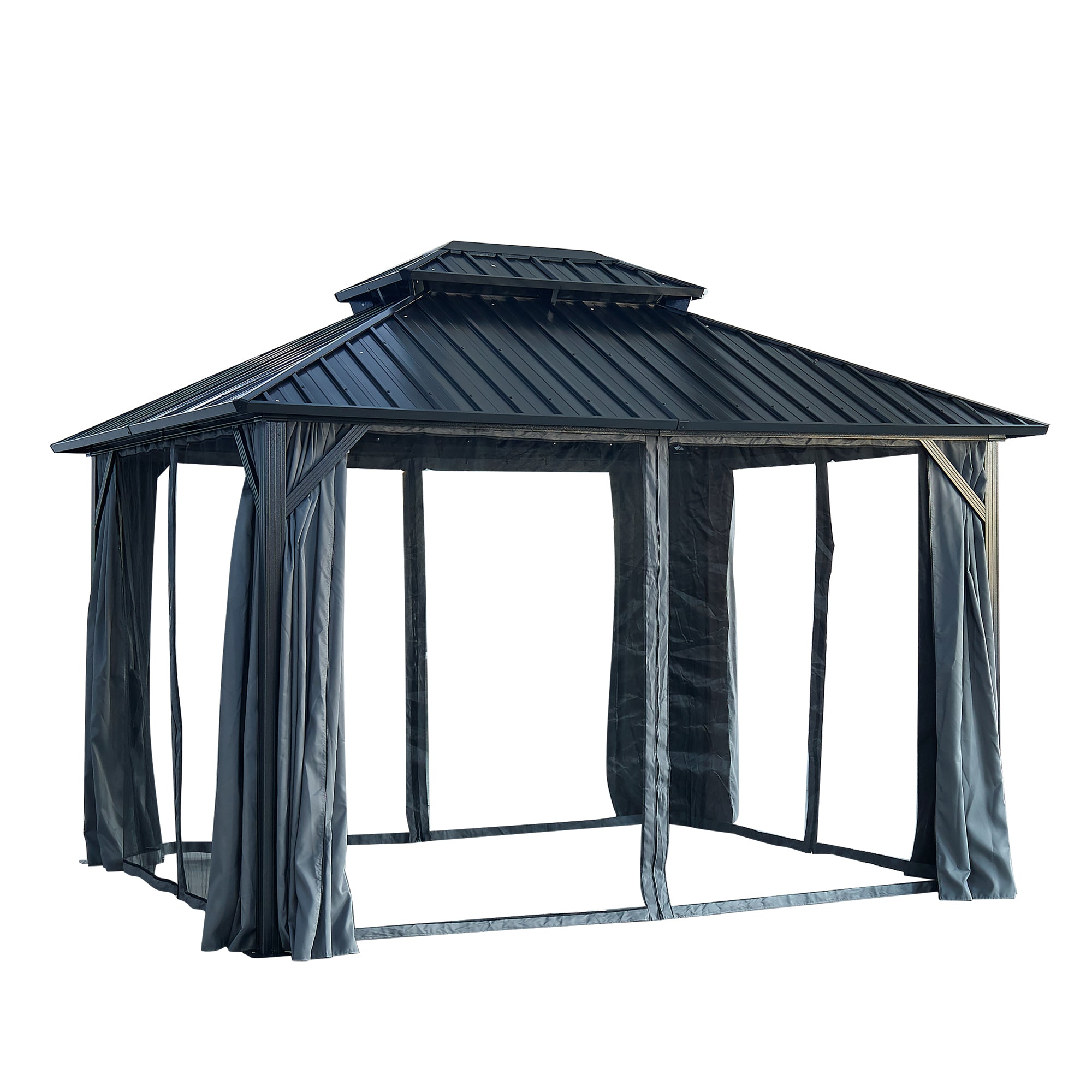 10 ft. x 12 ft. Grey Double Roof Canopy Outdoor Hardtop Patio Gazebo with Netting and Curtains  BOGASCG05GR