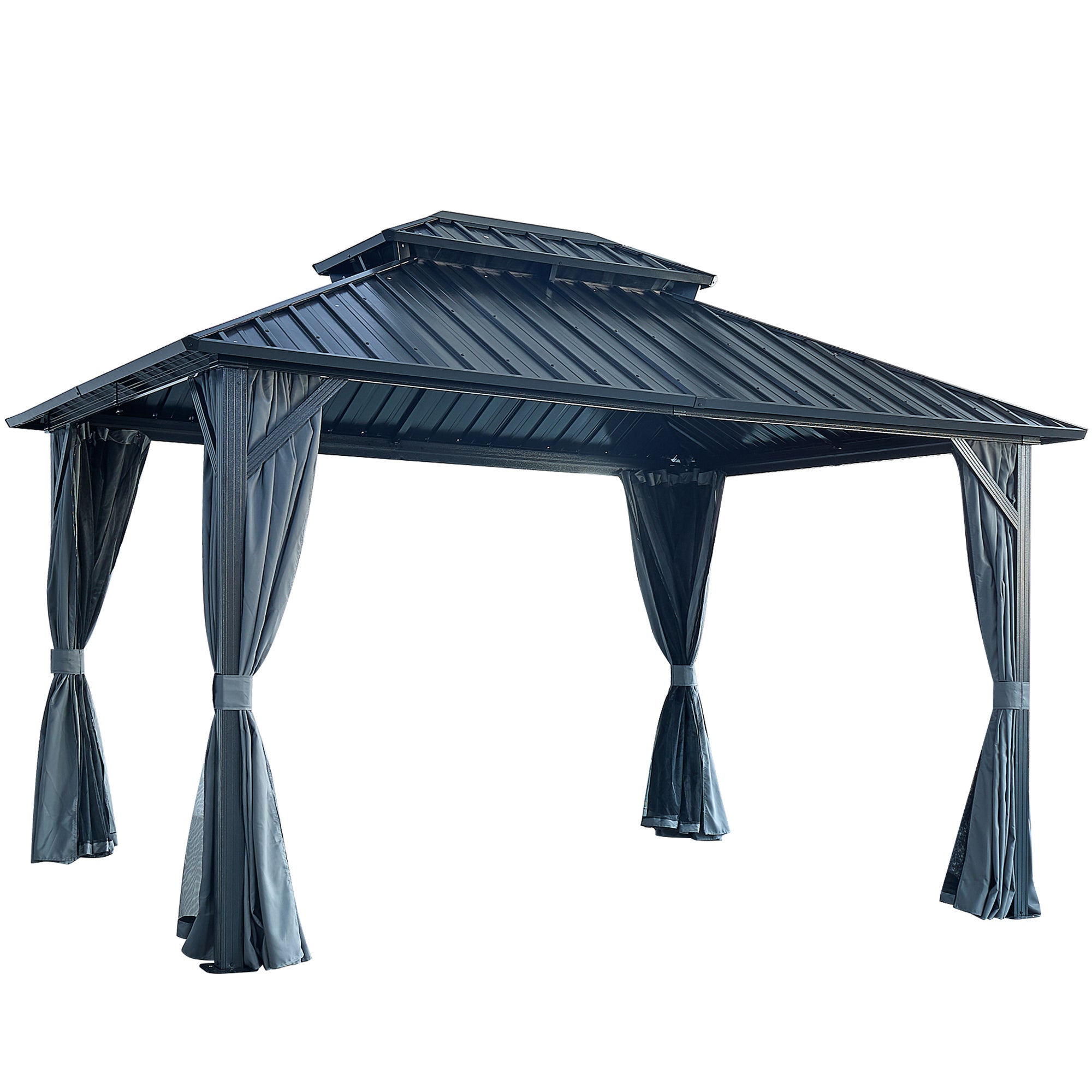 10 ft. x 12 ft. Grey Double Roof Canopy Outdoor Hardtop Patio Gazebo with Netting and Curtains  BOGASCG05GR