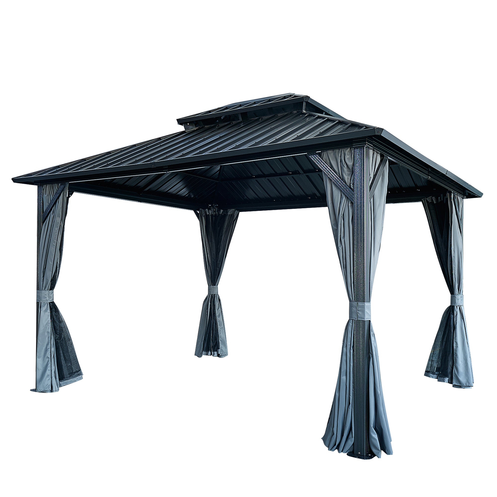 10 ft. x 12 ft. Grey Double Roof Canopy Outdoor Hardtop Patio Gazebo with Netting and Curtains  BOGASCG05GR