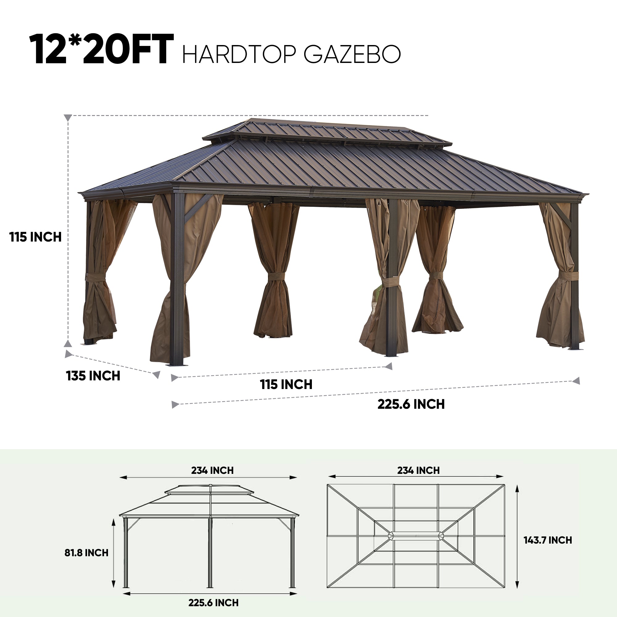 12 ft. x 20 ft. Bronze Aluminum Outdoor Hardtop Patio Gazebo with Steel Canopy, Netting and Curtains   BOGASCG07BZ