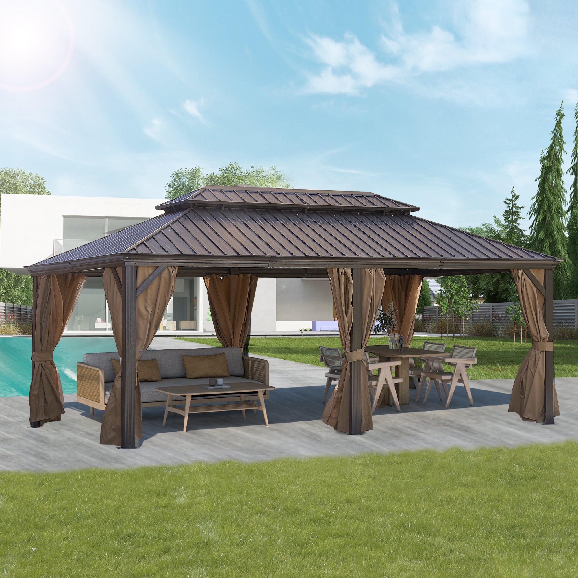 12 ft. x 20 ft. Bronze Aluminum Outdoor Hardtop Patio Gazebo with Steel Canopy, Netting and Curtains   BOGASCG07BZ