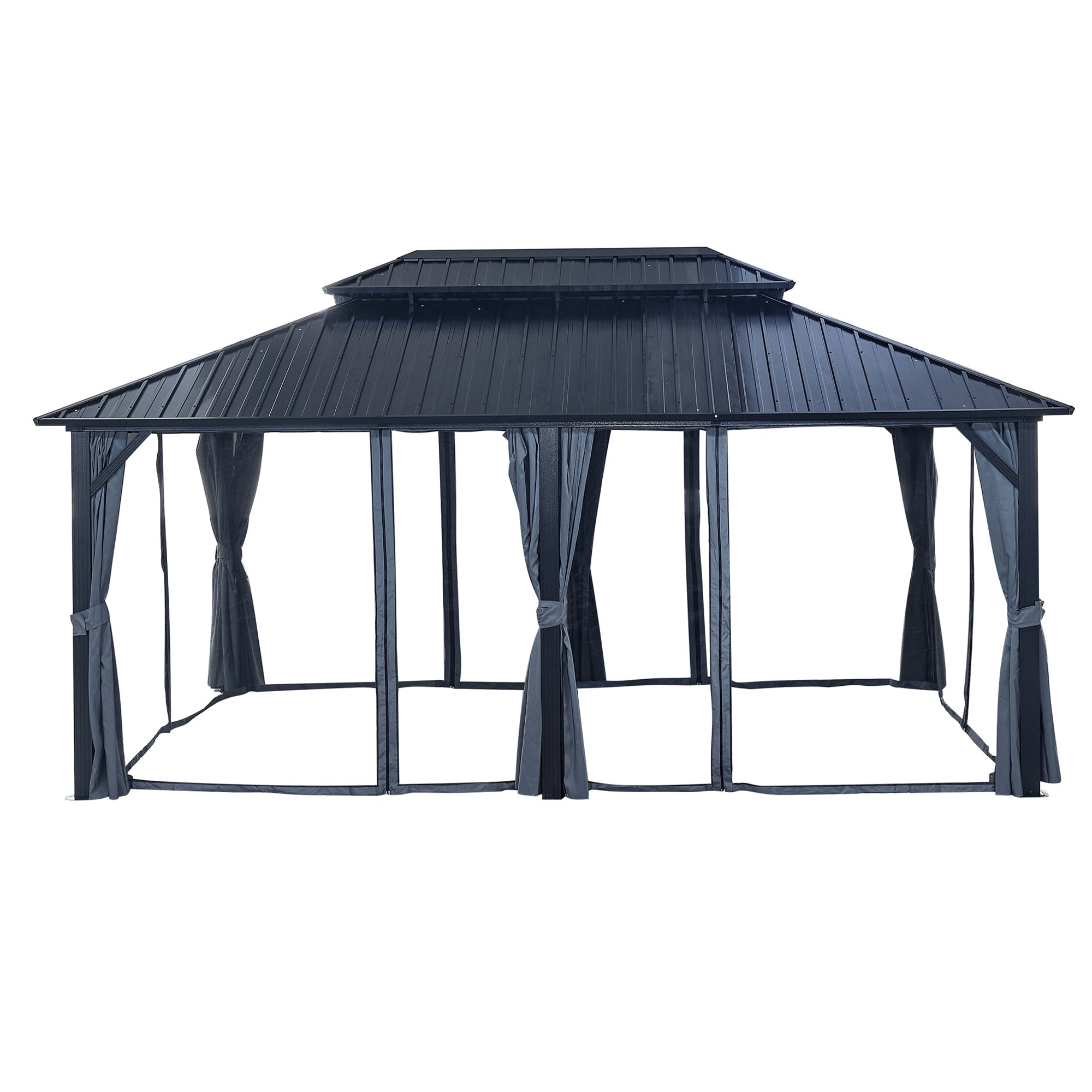 12 ft. x 18 ft. Black Aluminum Outdoor Hardtop Patio Gazebo with Netting and Curtains   BOGASCG08B