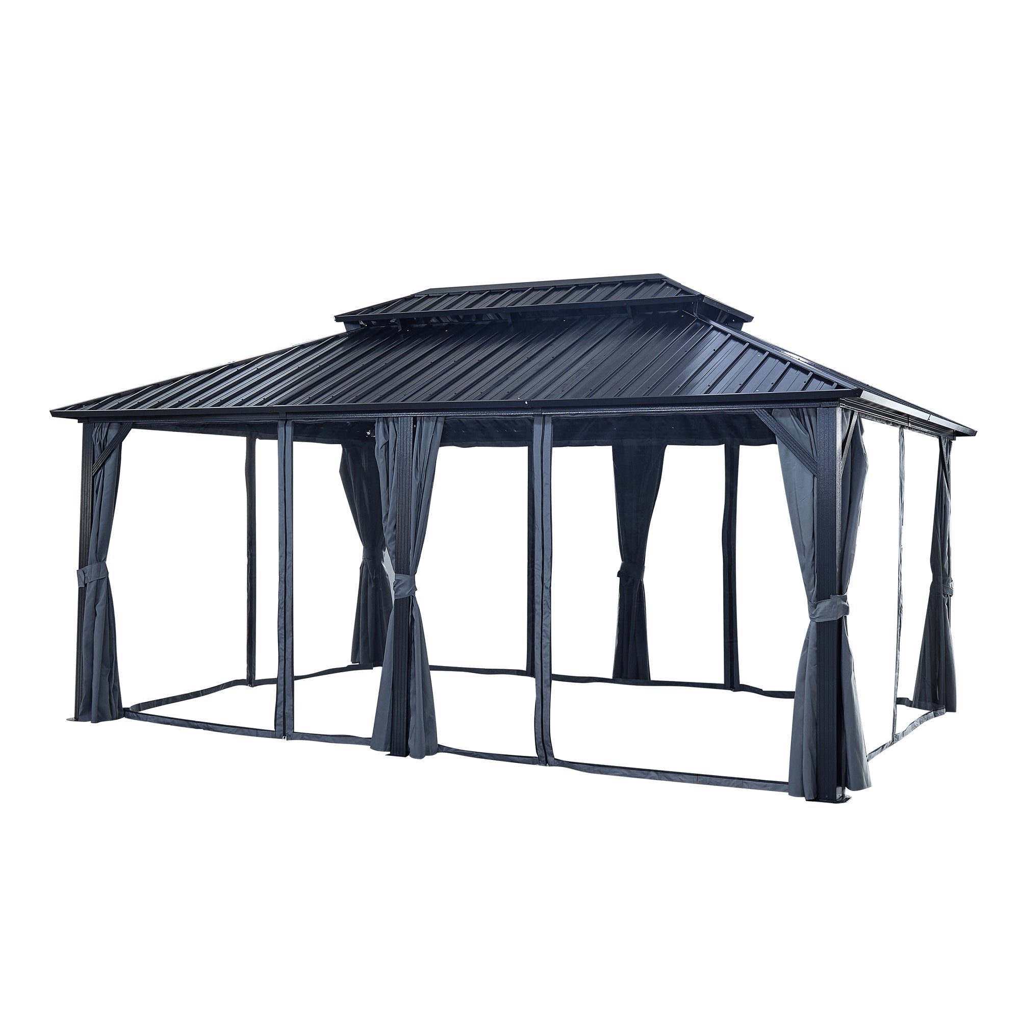 12 ft. x 18 ft. Black Aluminum Outdoor Hardtop Patio Gazebo with Netting and Curtains   BOGASCG08B