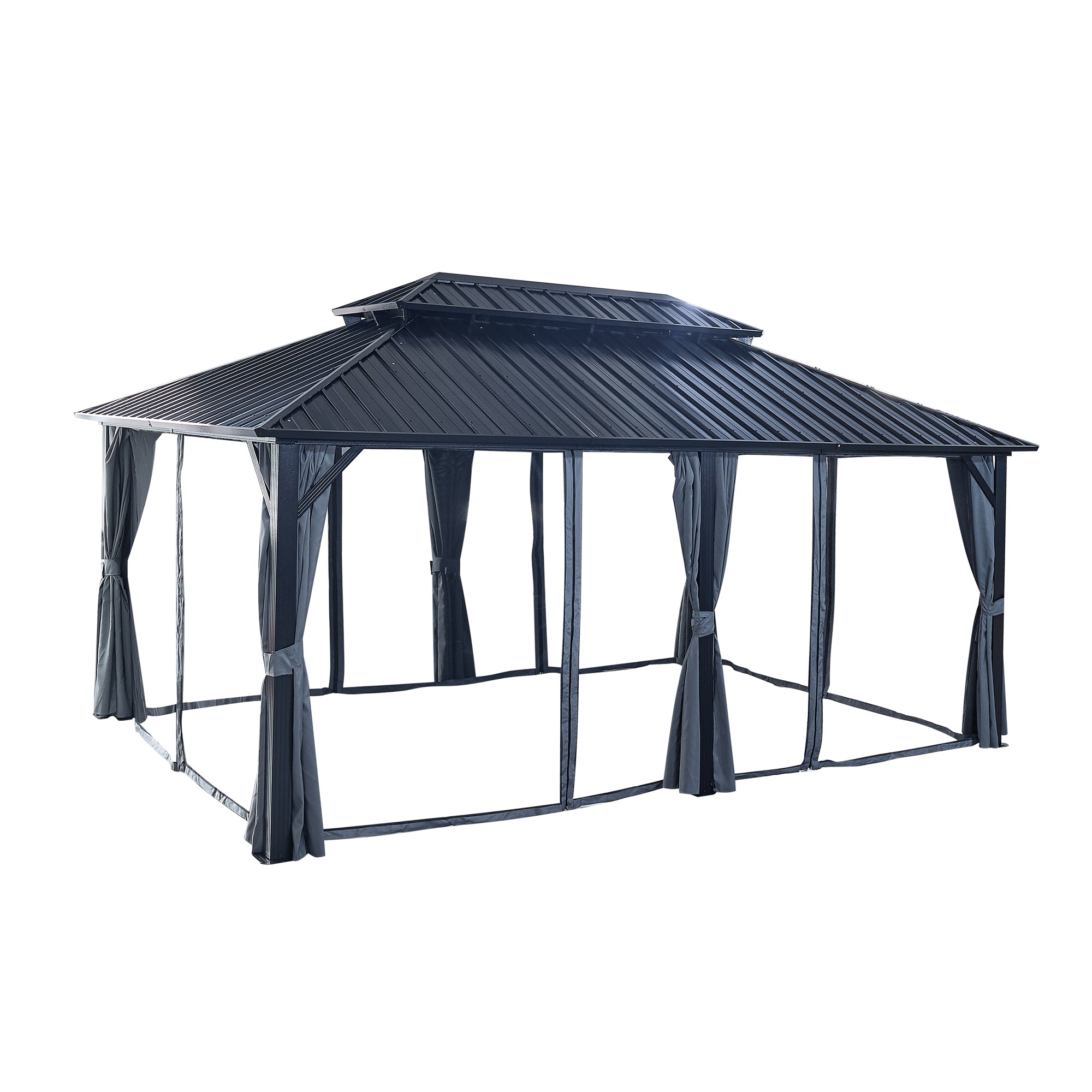 12 ft. x 18 ft. Black Aluminum Outdoor Hardtop Patio Gazebo with Netting and Curtains   BOGASCG08B