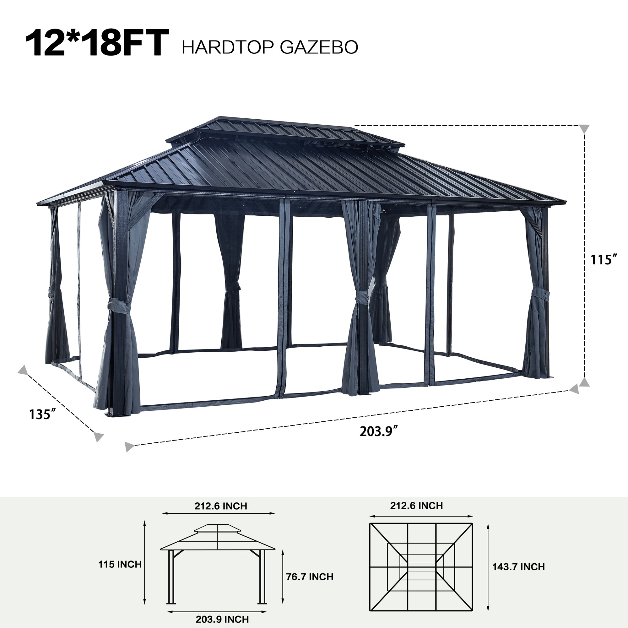 12 ft. x 18 ft. Black Aluminum Outdoor Hardtop Patio Gazebo with Netting and Curtains   BOGASCG08B