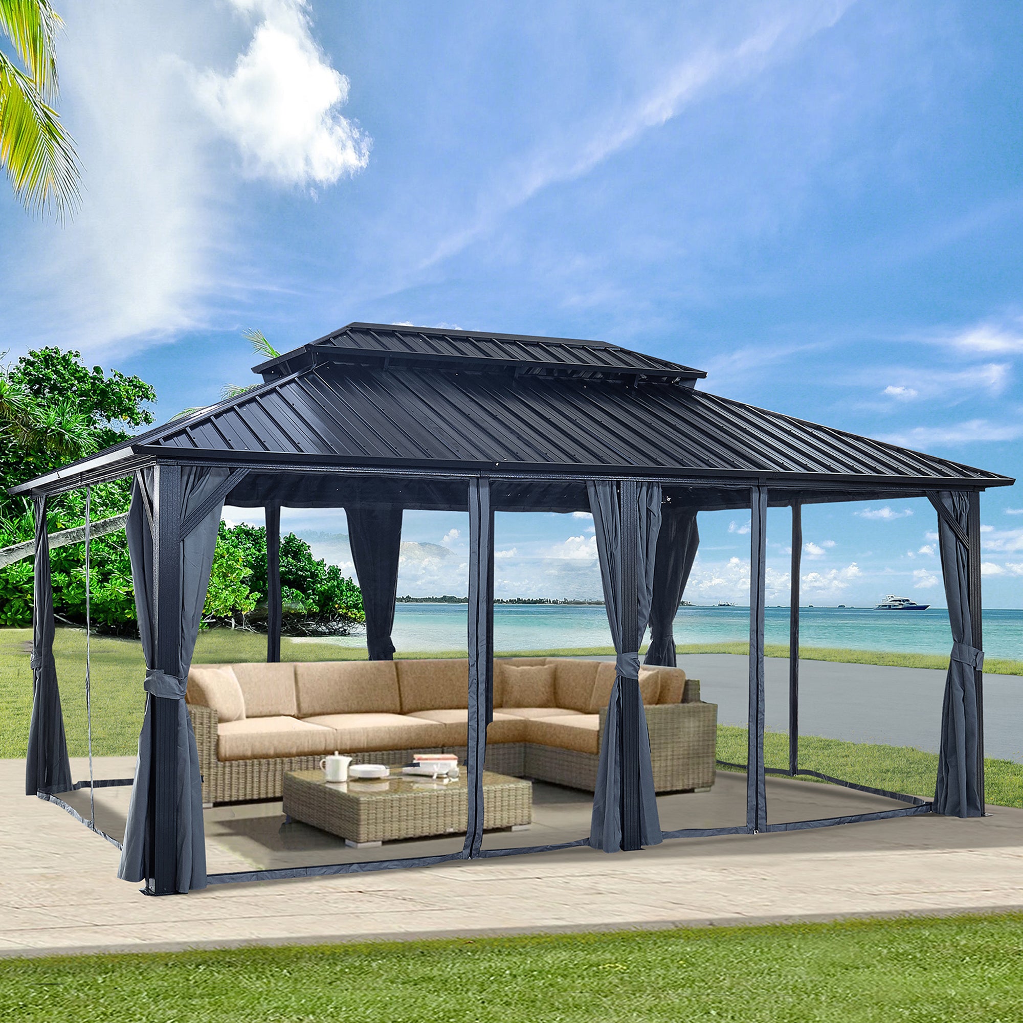 12 ft. x 18 ft. Black Aluminum Outdoor Hardtop Patio Gazebo with Netting and Curtains   BOGASCG08B