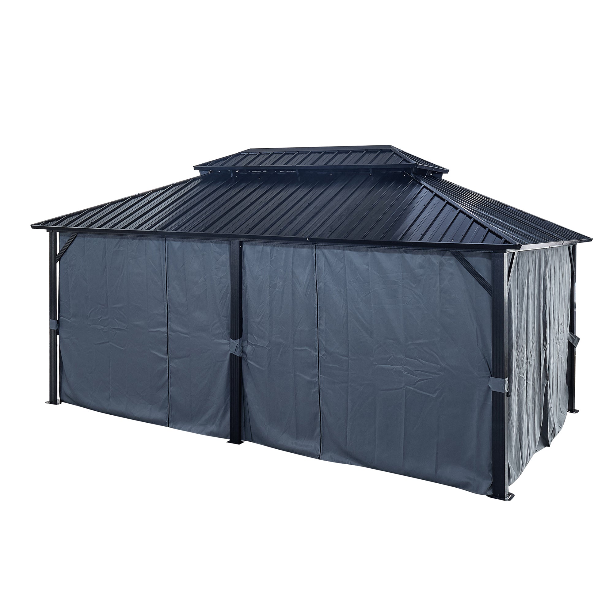 12 ft. x 18 ft. Black Aluminum Outdoor Hardtop Patio Gazebo with Netting and Curtains   BOGASCG08B