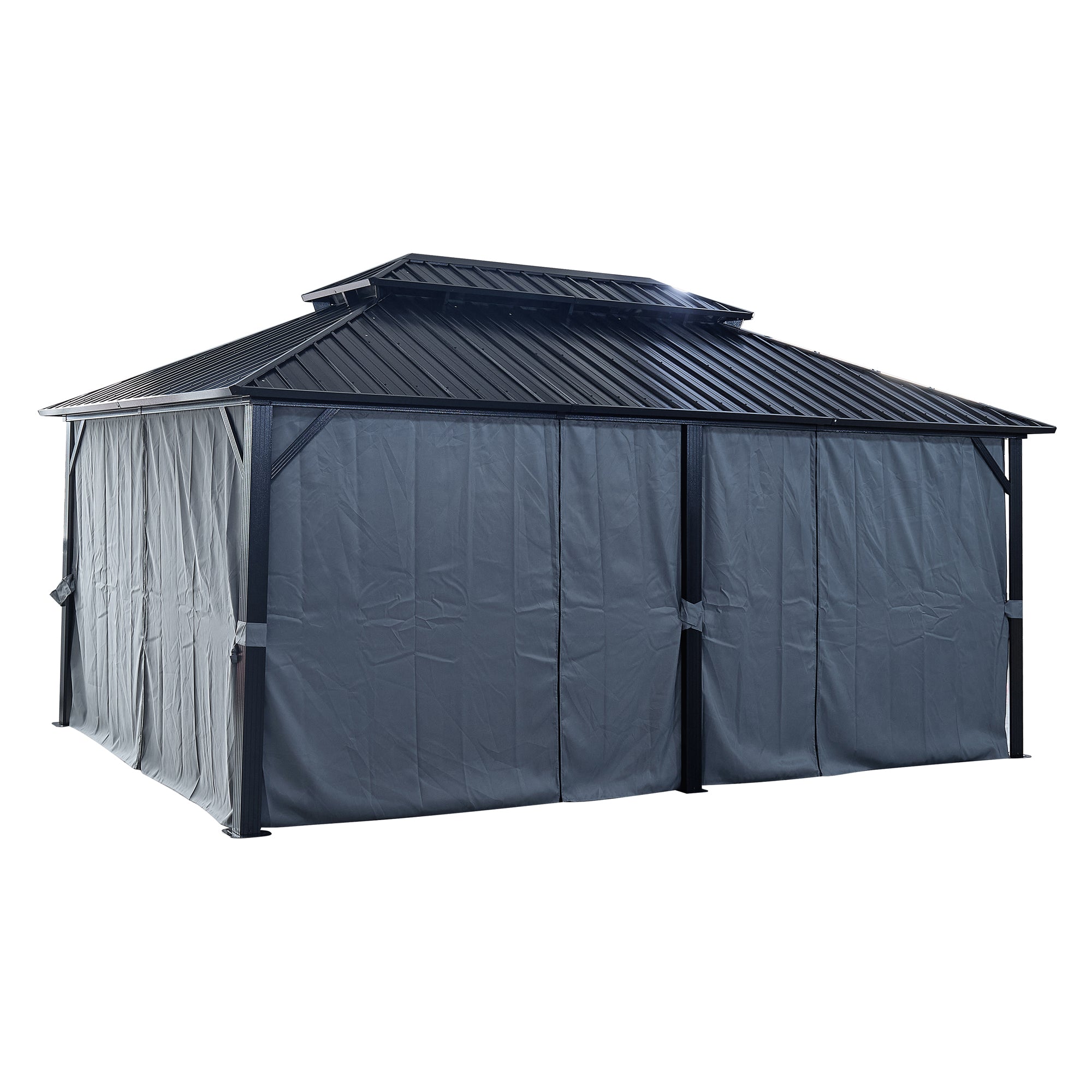 12 ft. x 18 ft. Black Aluminum Outdoor Hardtop Patio Gazebo with Netting and Curtains   BOGASCG08B