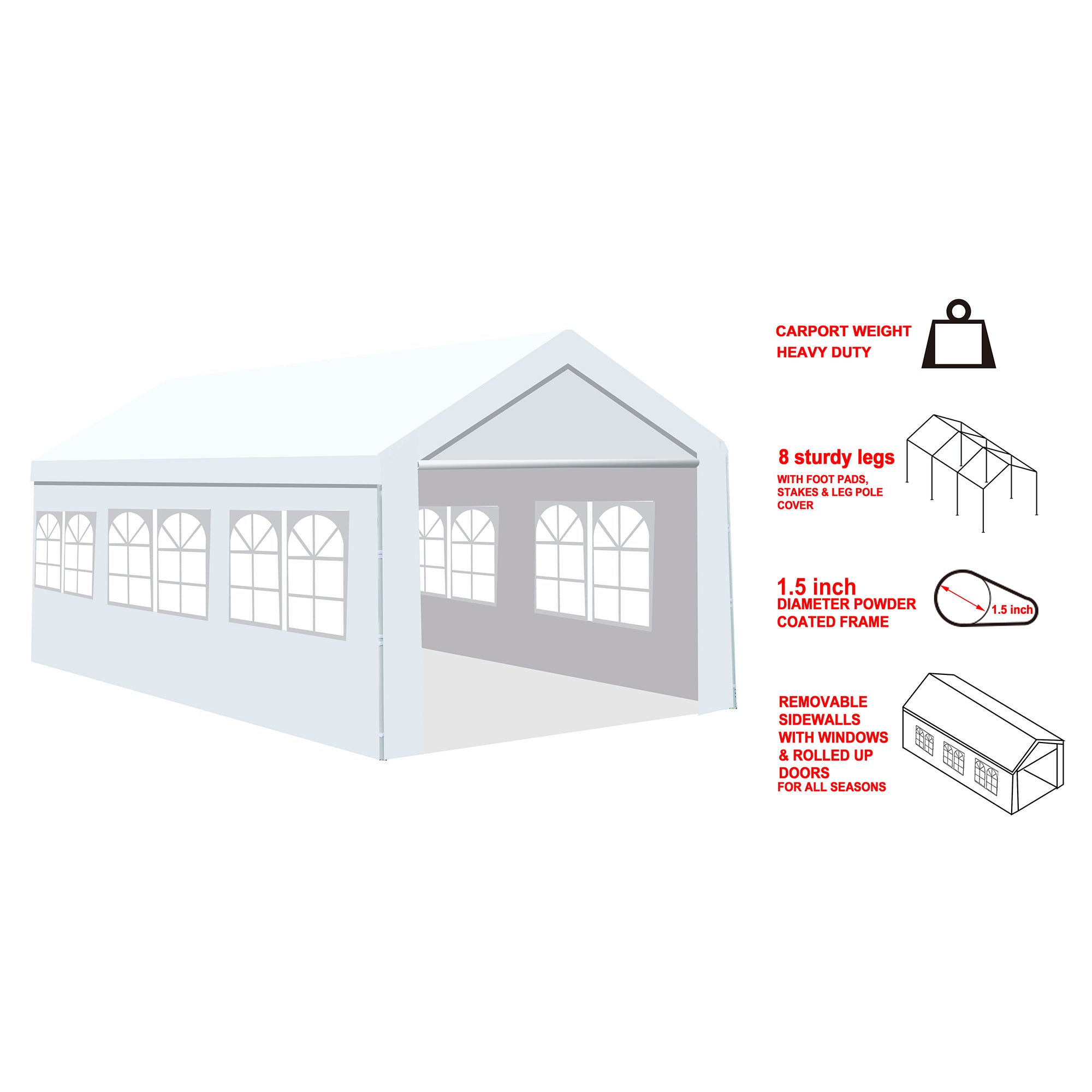 10' x 20' Steel Frame Outdoor Carport Gazebo, Canopy Garage with Windows   BOGHPTG01-20W