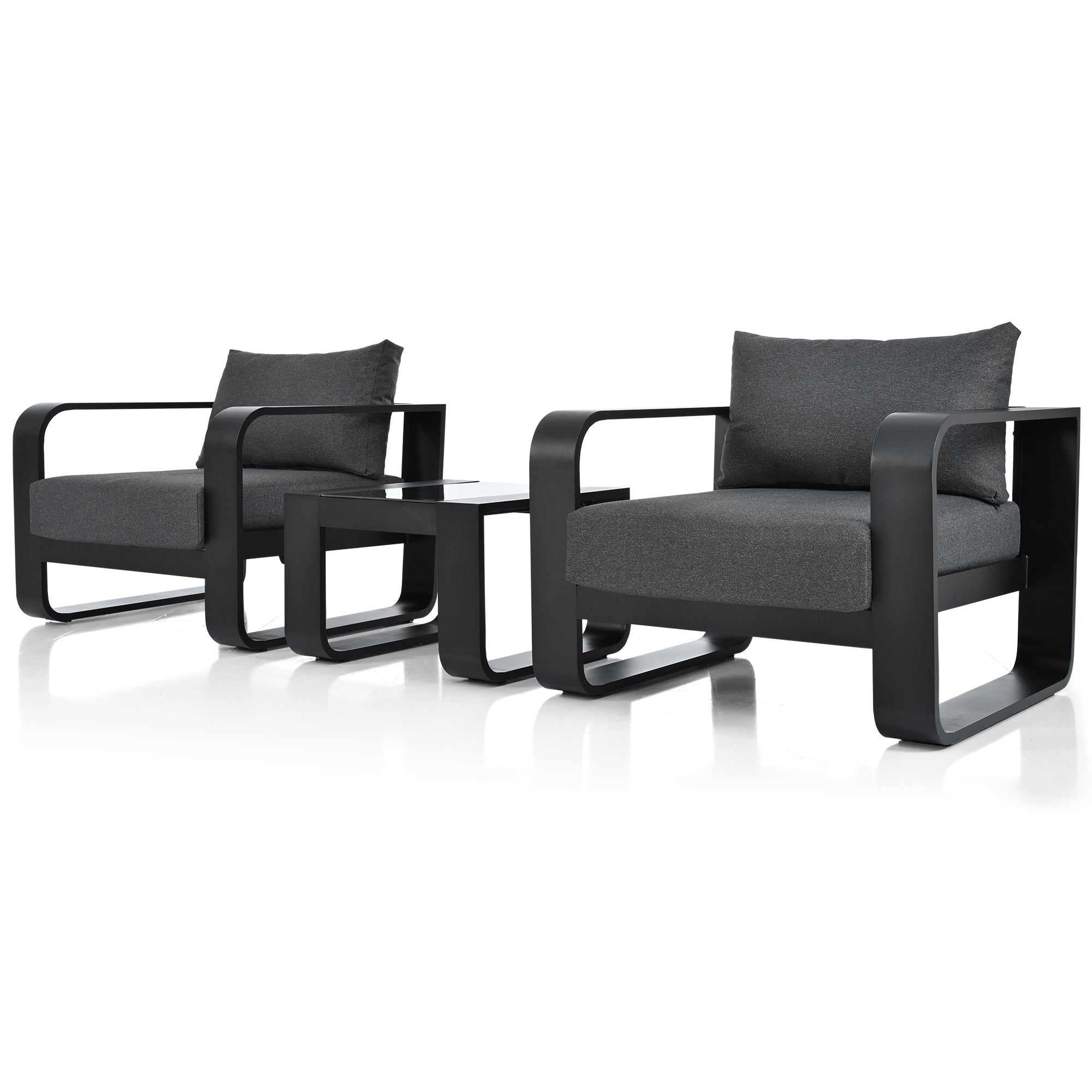3-Piece Black Aluminum Frame Outdoor Patio Chair with Gray Cushions and Coffee Table BOGOPC01B-GR