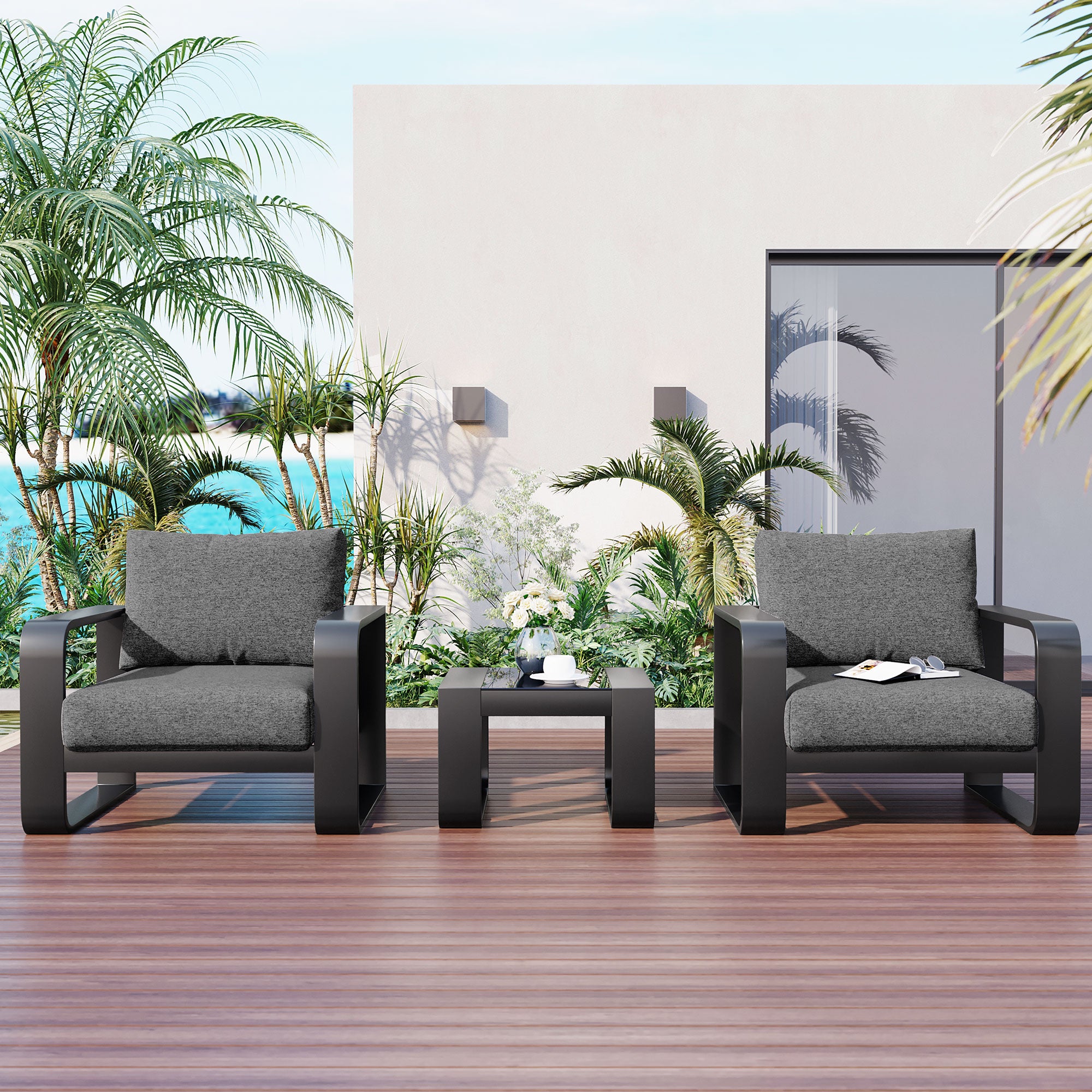 3-Piece Black Aluminum Frame Outdoor Patio Chair with Gray Cushions and Coffee Table BOGOPC01B-GR