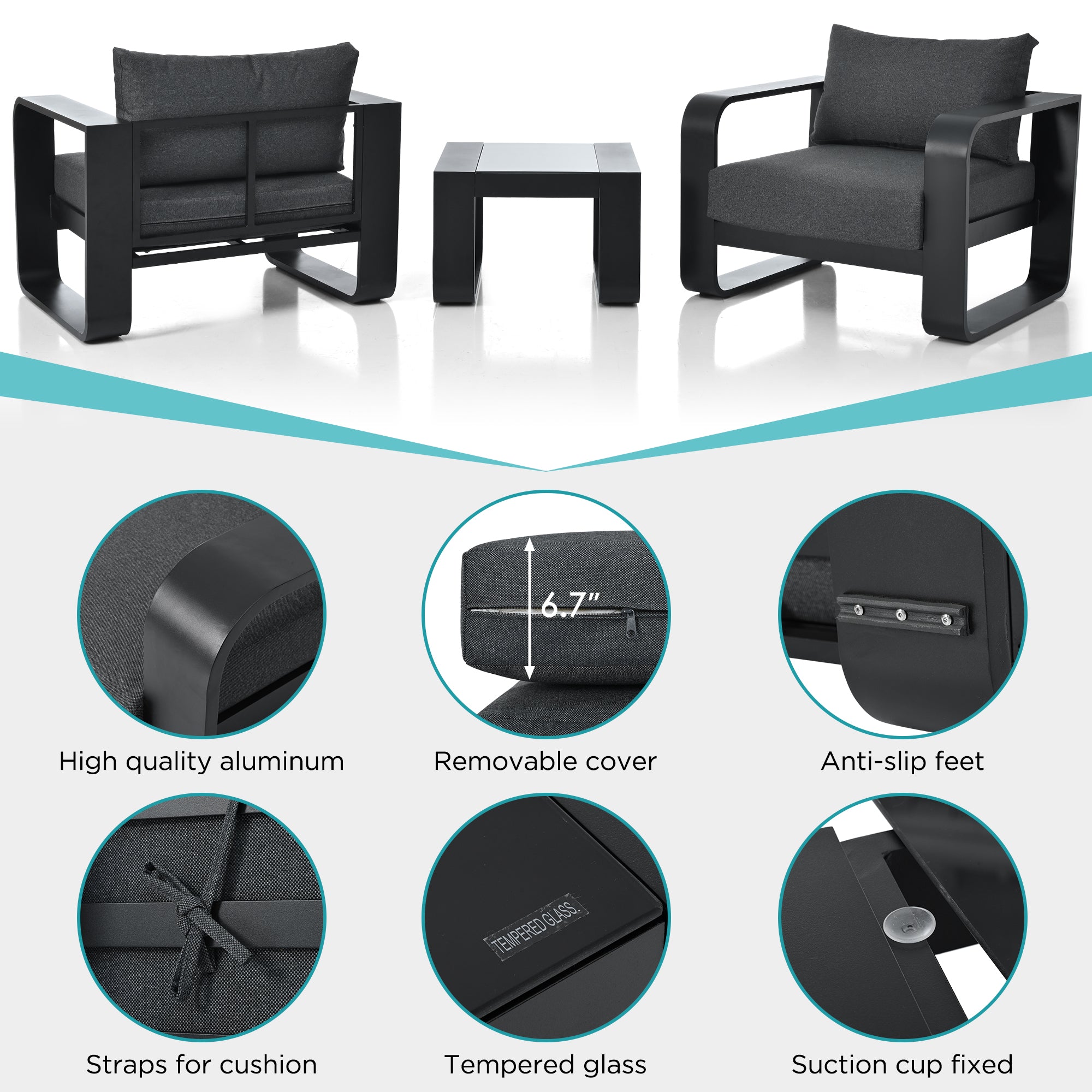 3-Piece Black Aluminum Frame Outdoor Patio Chair with Gray Cushions and Coffee Table BOGOPC01B-GR