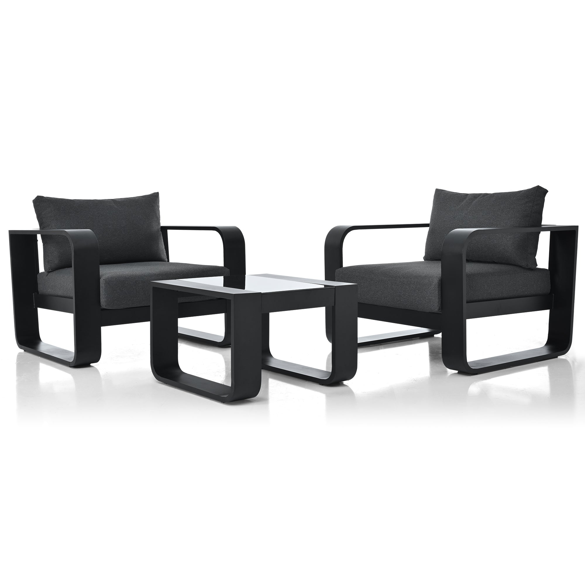 3-Piece Black Aluminum Frame Outdoor Patio Chair with Gray Cushions and Coffee Table BOGOPC01B-GR