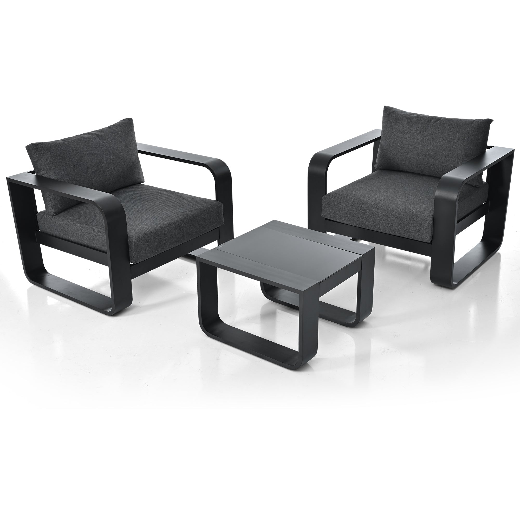 3-Piece Black Aluminum Frame Outdoor Patio Chair with Gray Cushions and Coffee Table BOGOPC01B-GR