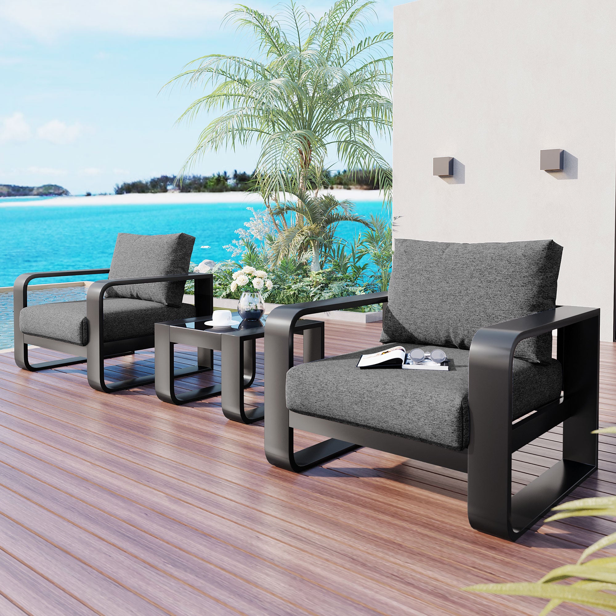 3-Piece Black Aluminum Frame Outdoor Patio Chair with Gray Cushions and Coffee Table BOGOPC01B-GR