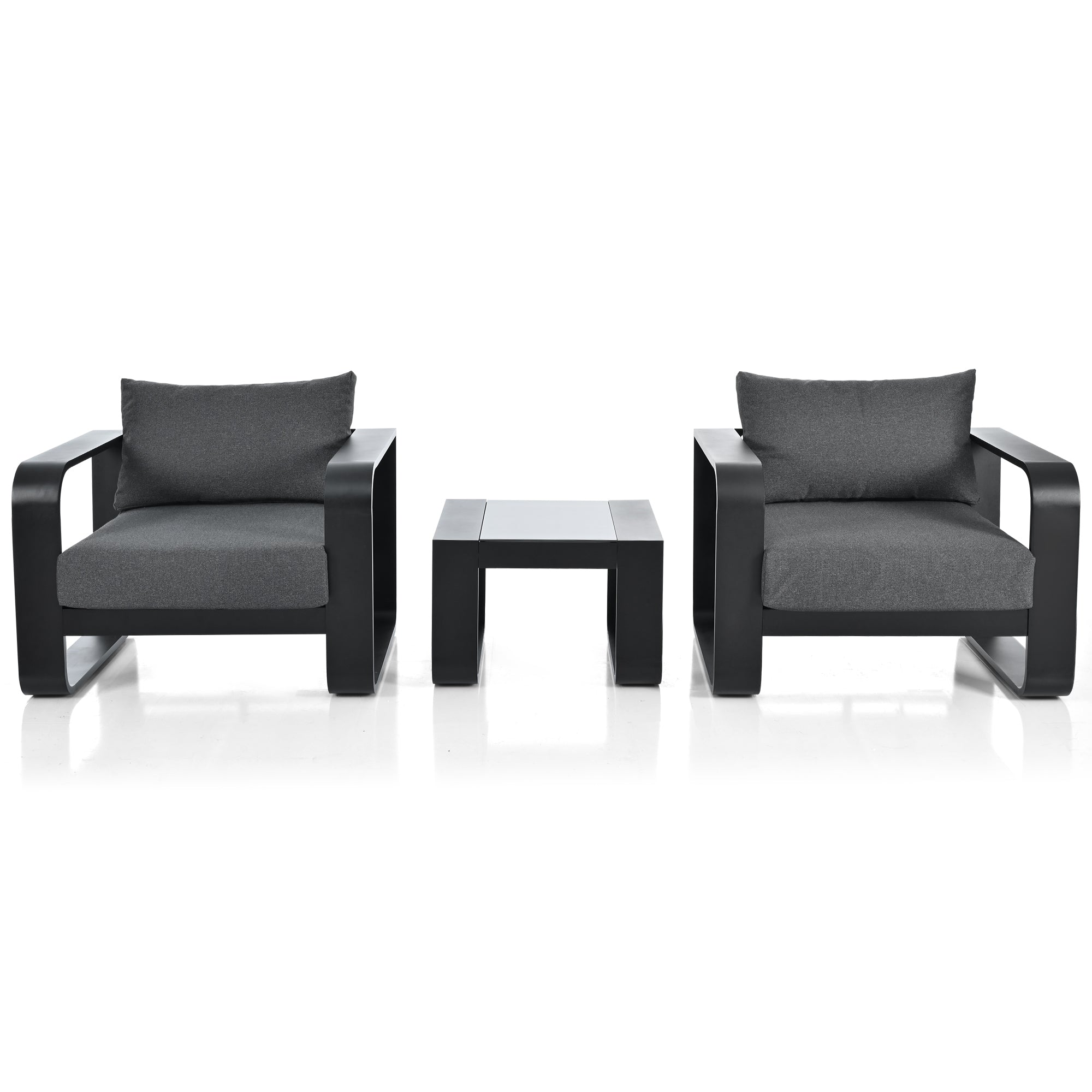 3-Piece Black Aluminum Frame Outdoor Patio Chair with Gray Cushions and Coffee Table BOGOPC01B-GR