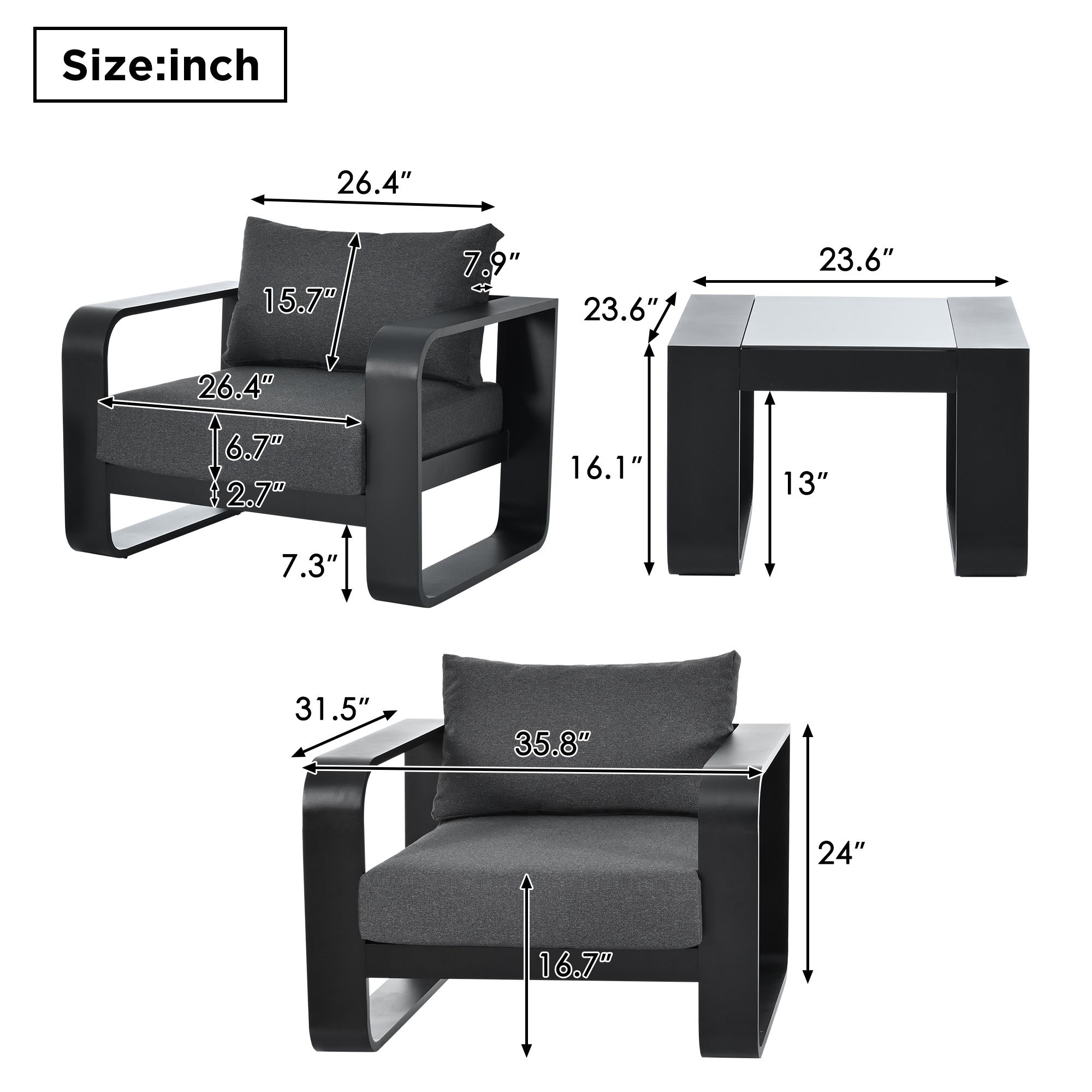 3-Piece Black Aluminum Frame Outdoor Patio Chair with Gray Cushions and Coffee Table BOGOPC01B-GR