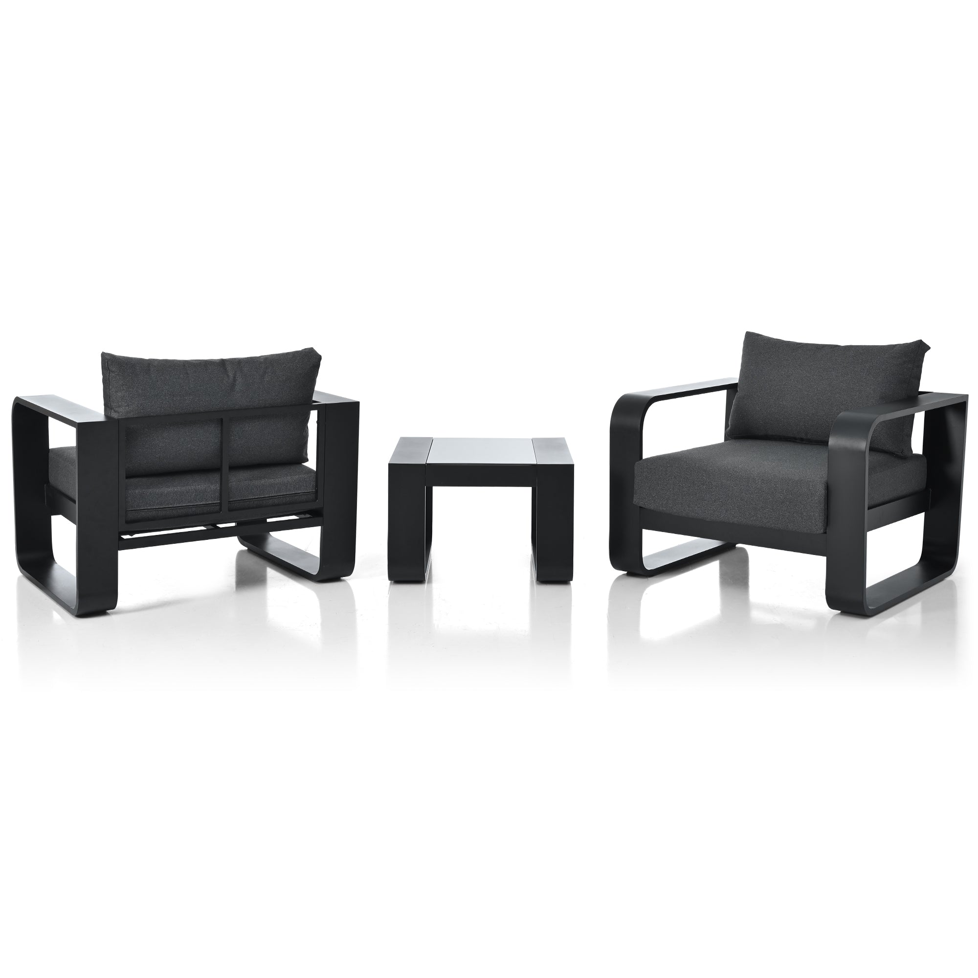 3-Piece Black Aluminum Frame Outdoor Patio Chair with Gray Cushions and Coffee Table BOGOPC01B-GR