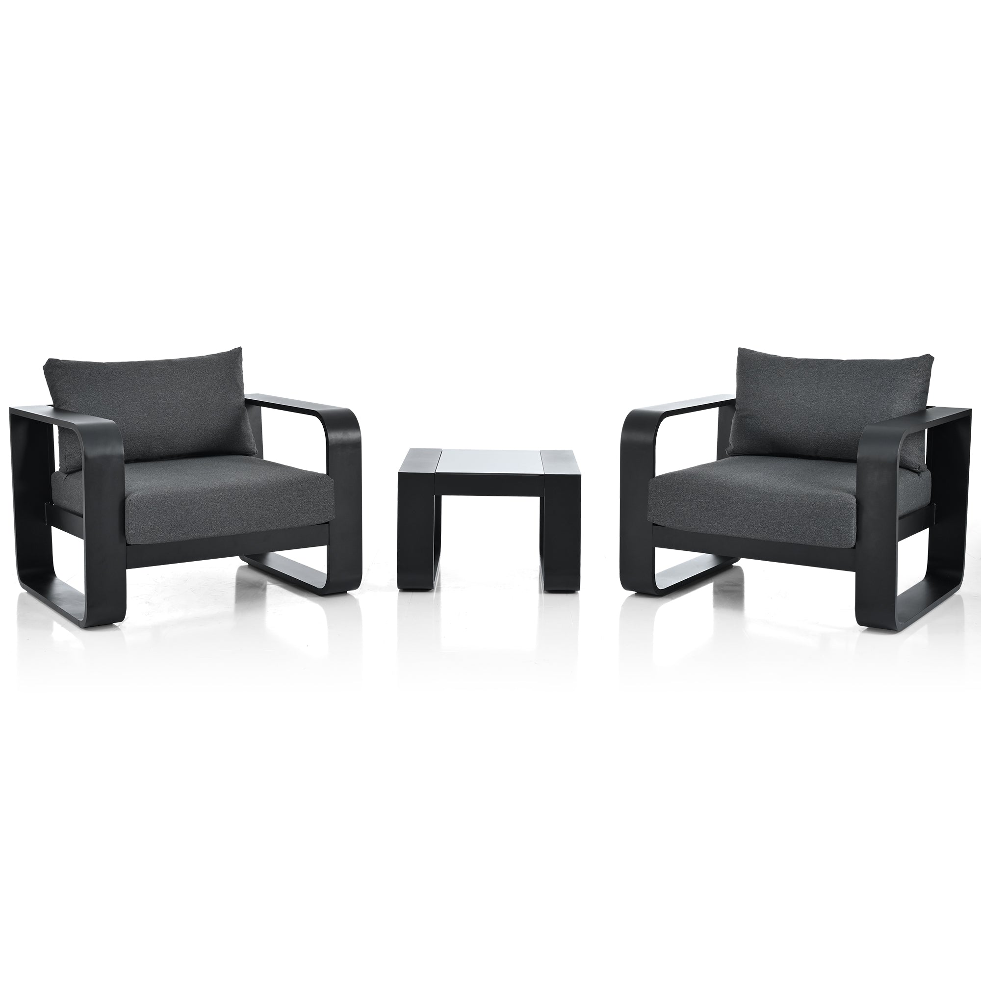 3-Piece Black Aluminum Frame Outdoor Patio Chair with Gray Cushions and Coffee Table BOGOPC01B-GR